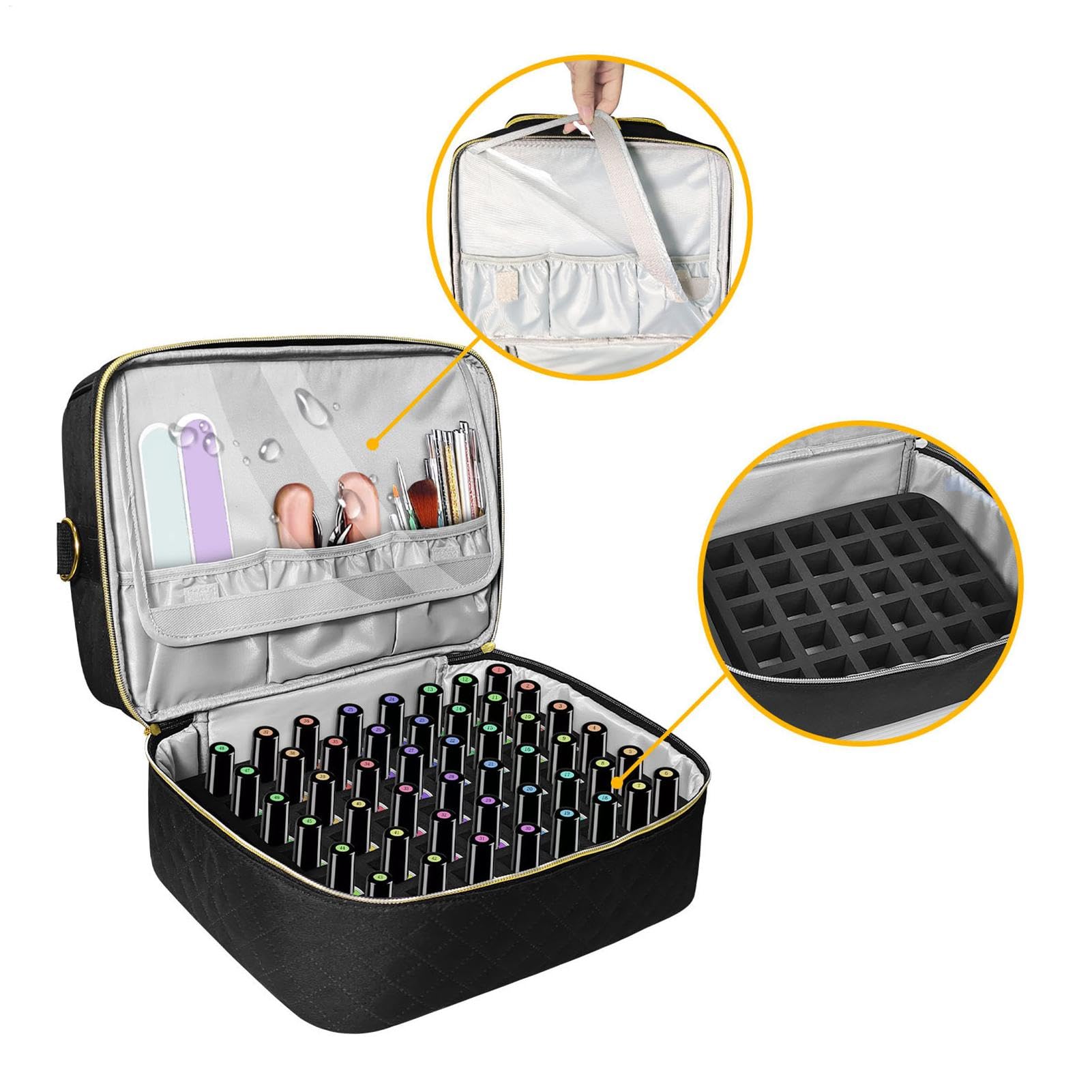 Organizer per smalto gel, borsa da viaggio per smalto per unghie | a doppio strato, contiene 60 bottiglie e asciugatrice, contenitore per oggetti e strumenti per manicure, robusto e compatto,
