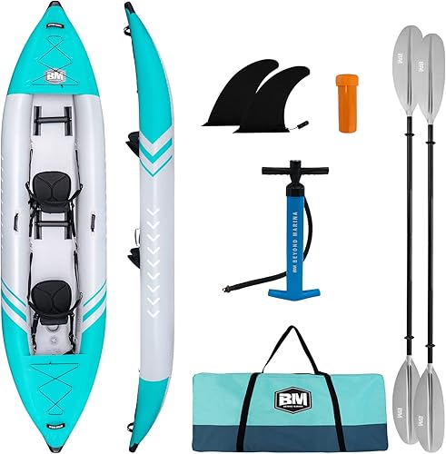 Kayak inflable para 2 personas para adultos Kayak en tándem BEYOND MARINA con piso de puntada caída, kayak de turismo con paletas de aluminio,