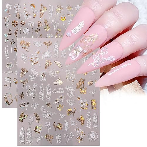 Miniatura 2 de Calcomanías de arte de uñas de flores doradas, diseño de flores de encaje, hojas de ángel, luna y estrella, láser dorado y blanco 3D floral para