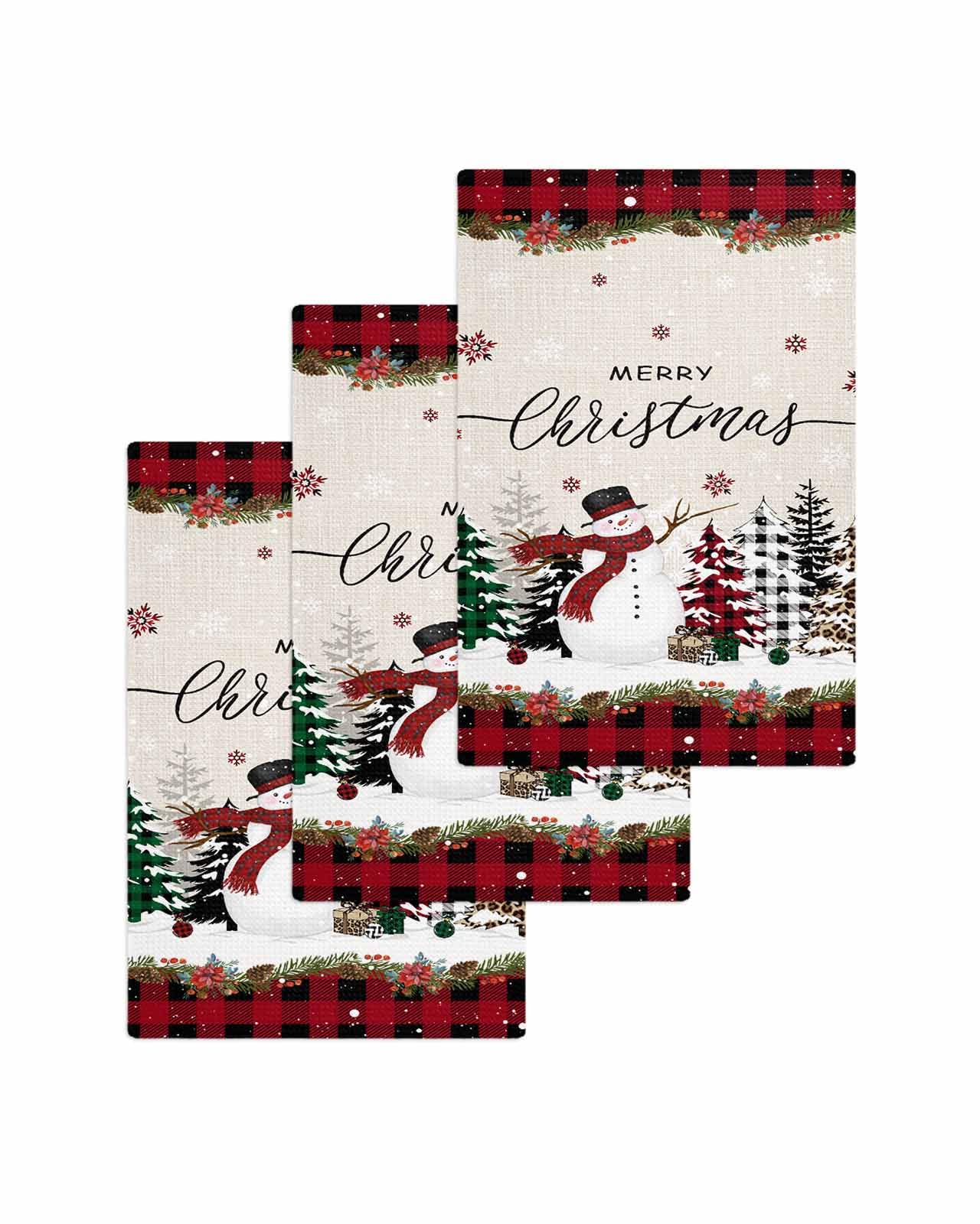 Hokiten Christmas Waffle Kitchen Towels Dishcloths, Rustic Red Plaid Tree Xmas Snowman Absorbent Dish Towels | Hand Towels for Bathroom/Bar, 16 x 24 Inch, 3 Pcs