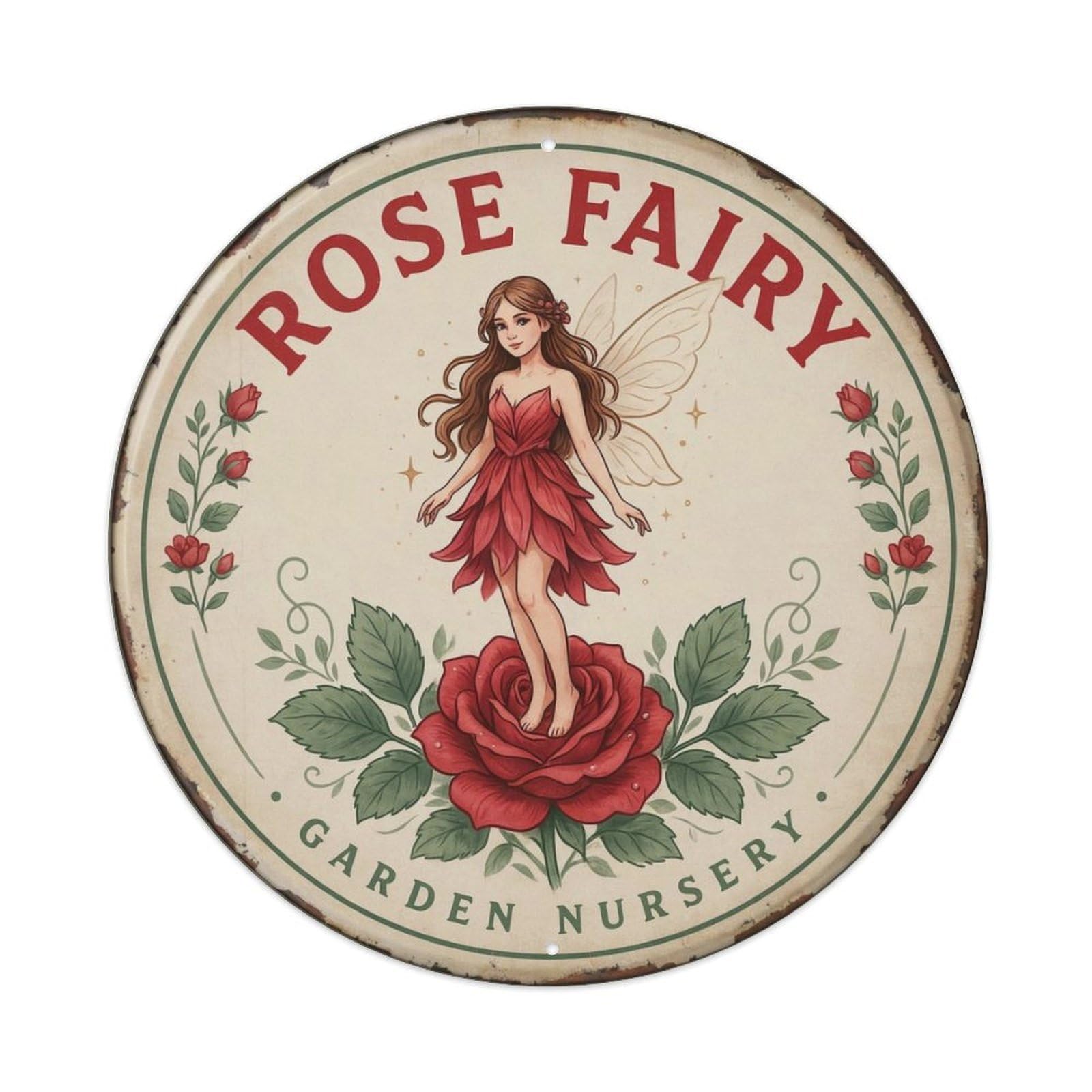 Vintage Rose Flower Fairy Round Metal Tin Sign Plaque