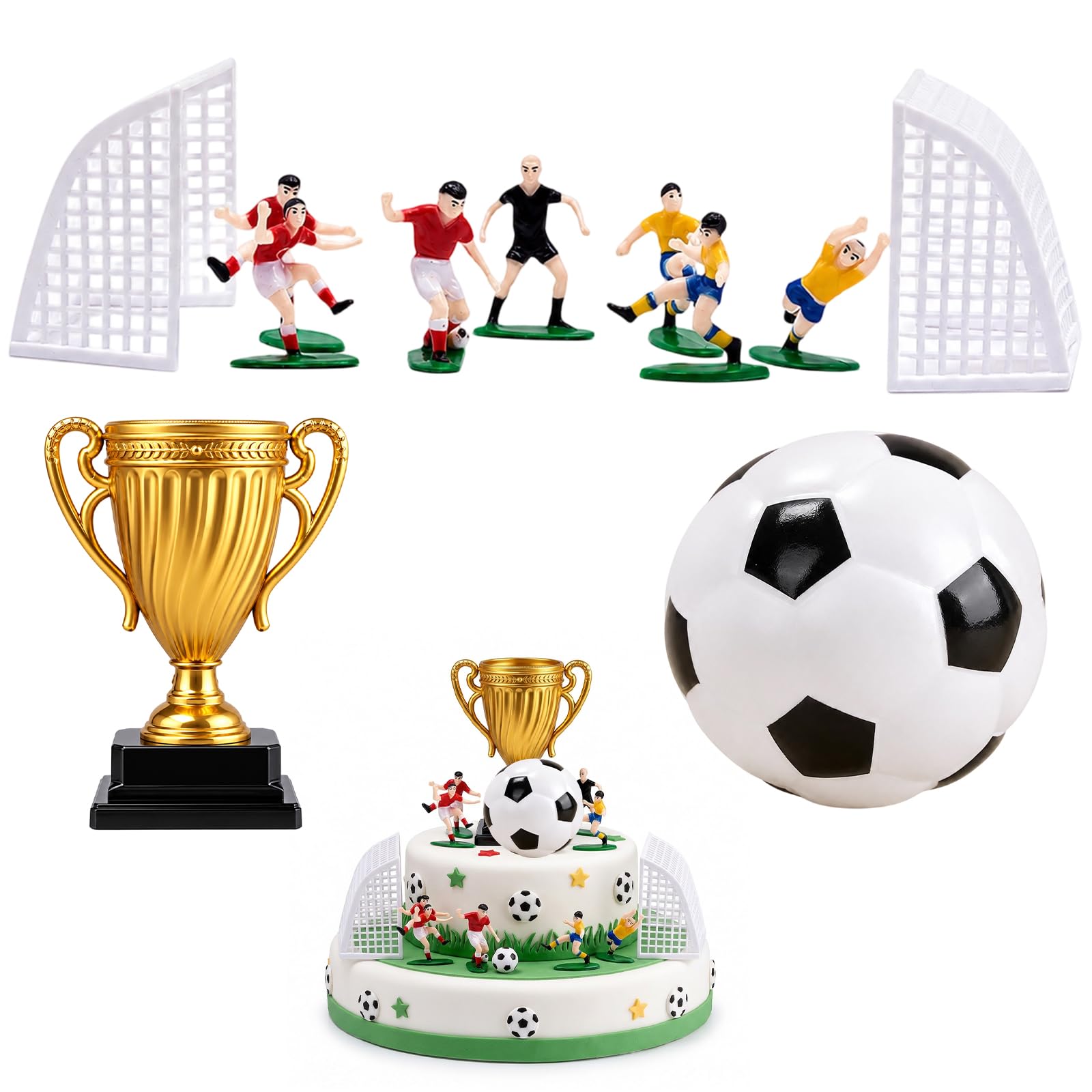 Football Cake Topper, Football Cake Decorations Set, Plastic Football and Trophy Figures, Red and Yellow Football Player Cake Toppers for Party Celebrations, 11 Piece Football Theme Cake Decorations