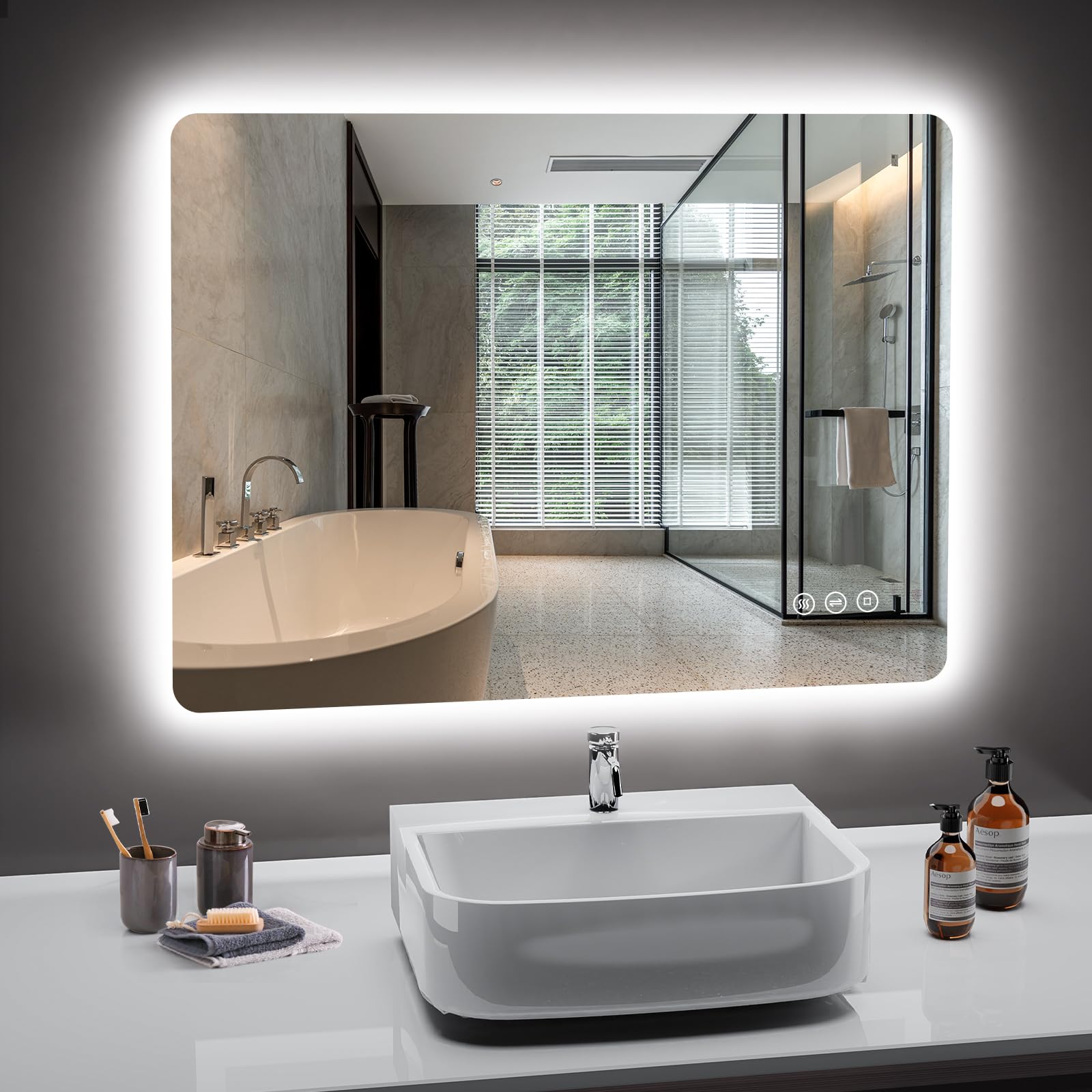 Badspiegel mit Beleuchtung 80x60cm, Led Spiegel Bad mit Antibeschlag, 3 Lichtfarben, Dimmbar, Speicherfunktion, Touch-Schalter, IP44 Wasserdicht, LED Badezimmerspiegel