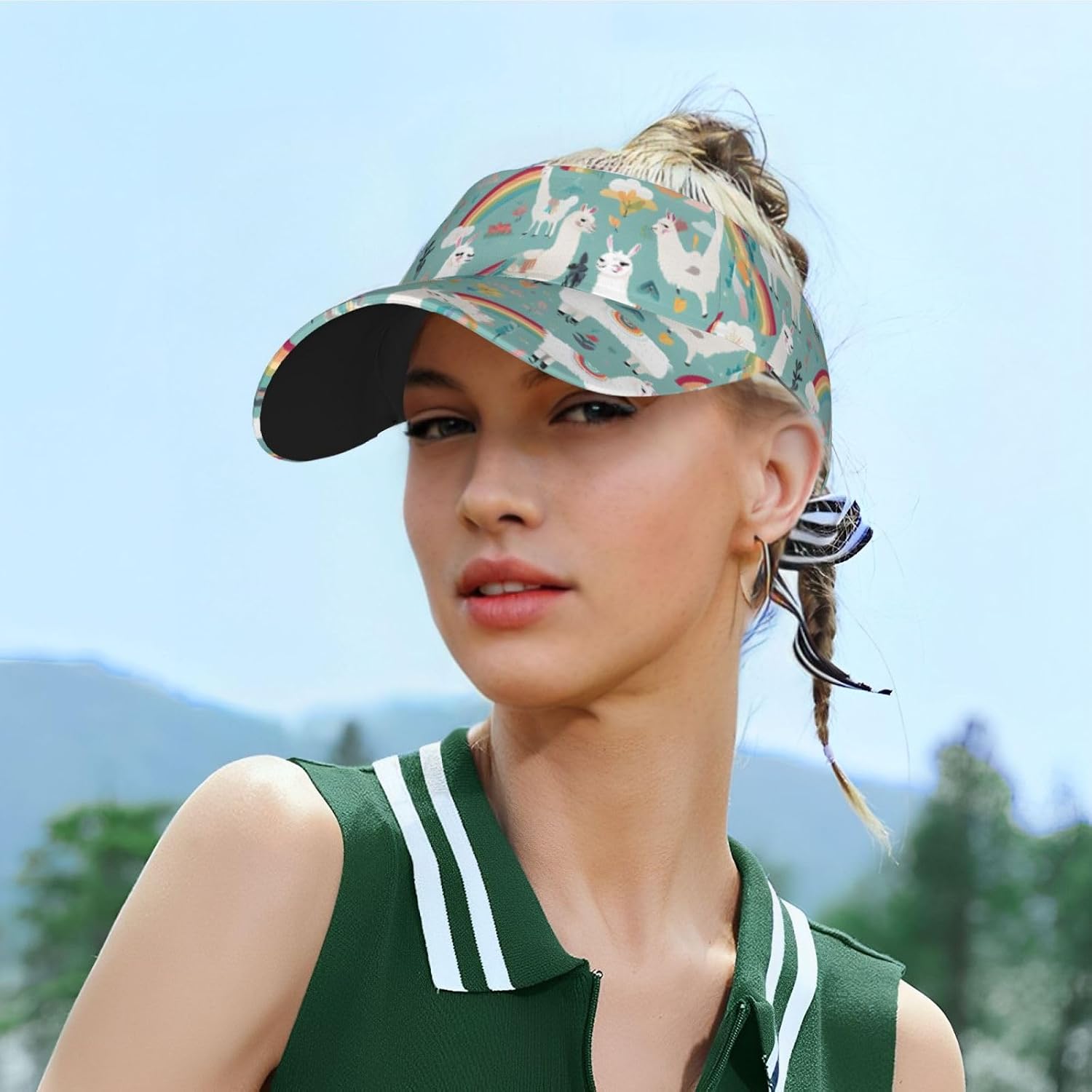 (Cute Llama) Adult Sun Visor Hat Adjustable Open Top Sports Cap Breathable for Men Women Beach Vacation Essentials Black