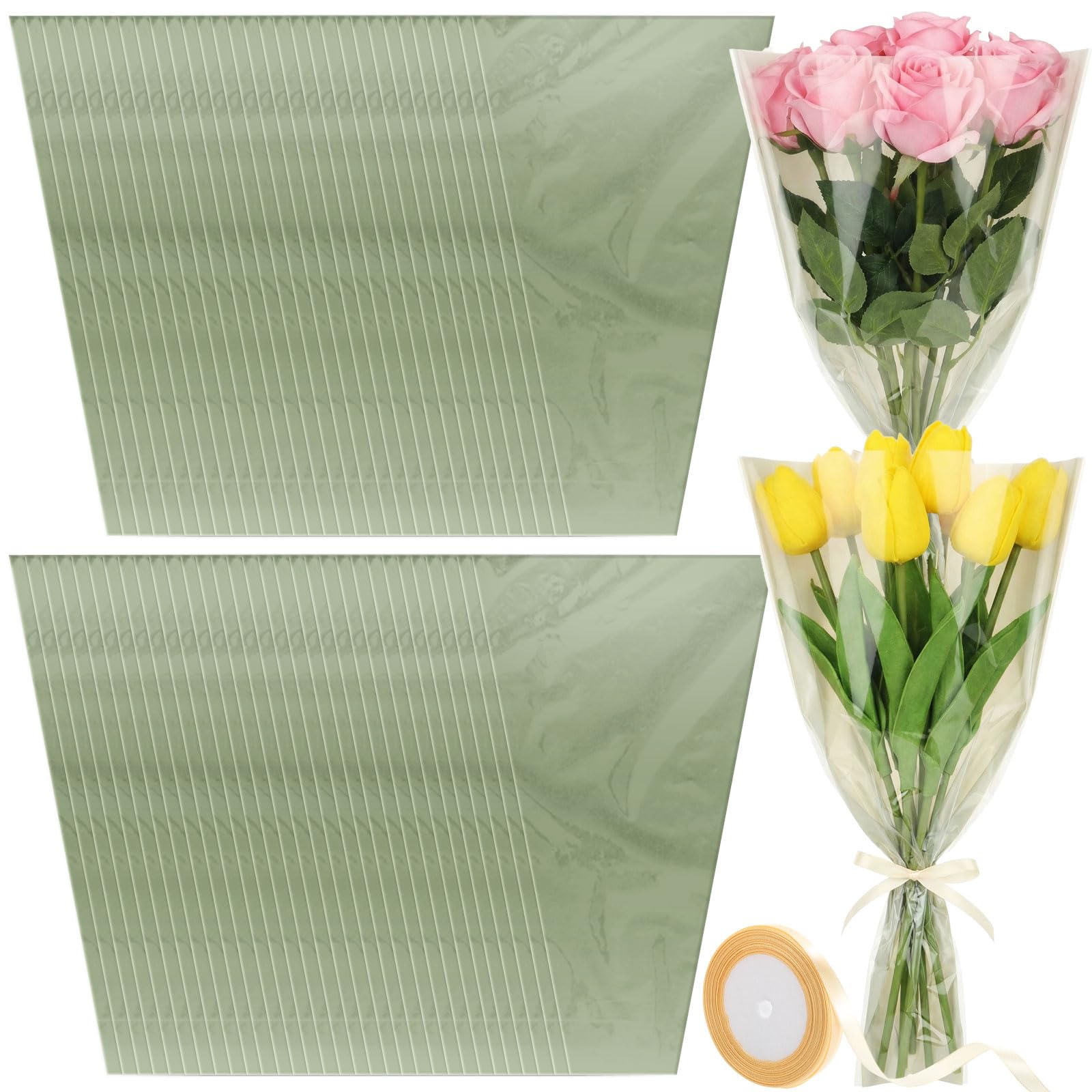 Photo 1 of Jaloro 200 Pcs Green Flower Bags for Bouquets 17.7 x 11 Inch Mother's Day Large Plastic Flower Sleeves Bulk with Ribbon Florist Supplies for Wedding, Birthday, Spring Graduation Gift Wrapping