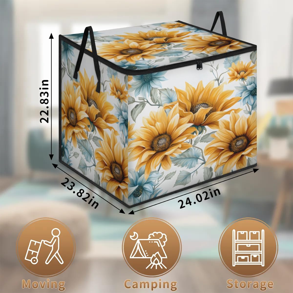 Honeybaby 214L Extra Large Comforter Storage Bag Sunflowers Pattern Storage Totes with Lids Waterproof Closet Organizer Folding Blanket Storage Bags for Clothes Bedding Pillows