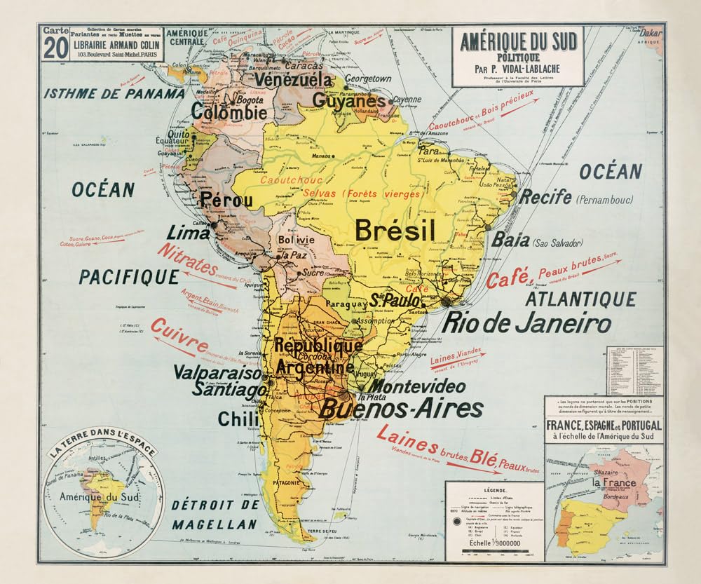 Carte Vidal Lablache N° 20 - AMERIQUE DU SUD - POLITIQUE - 120 x 100 cm (reproduction ancienne carte scolaire) - Bâche 340 g/m²