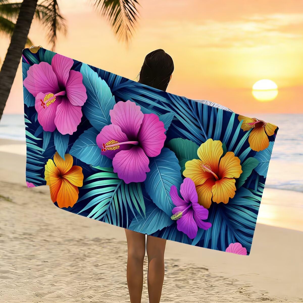 Ręcznik plażowy z mikrofibry, duży ręcznik kąpielowy 100 x 220 cm, zestaw 2 szt. szybkoschnących prześcieradeł kąpielowych w kwiaty, odporny na piasek ręczniki plażowe z mikrofibry do podróży
