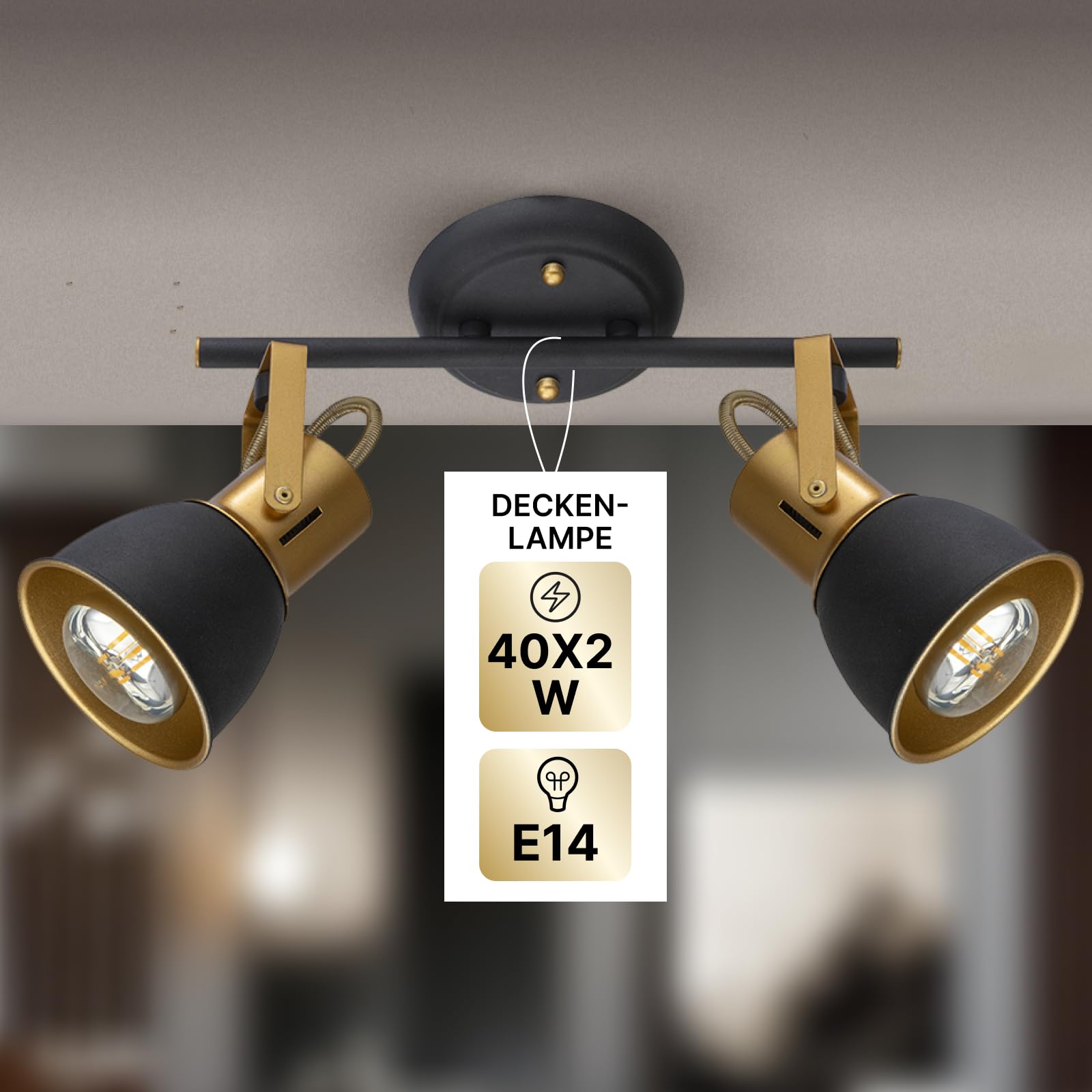 Lámpara de techo con 2 focos orientables, metal negro, con cable, focos LED de interior para cocina