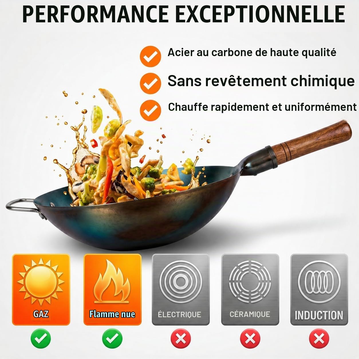 Wok Professionnel 36 cm – Acier Carbone Bleu Martelé à la Main – Fond Rond – Préculotté – Qualité Professionnelle – Manche en Bois & Acier – Brosse en Bambou Incluse