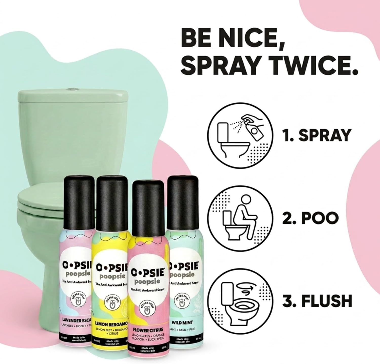Oopsie Poopsie Toilet Spray – Before & After You Go Bathroom Odor Eliminator & Neutralizer Spray, Travel Size with Essential Oils, TSA Approved – Assorted 4 Pack – 2 Oz.