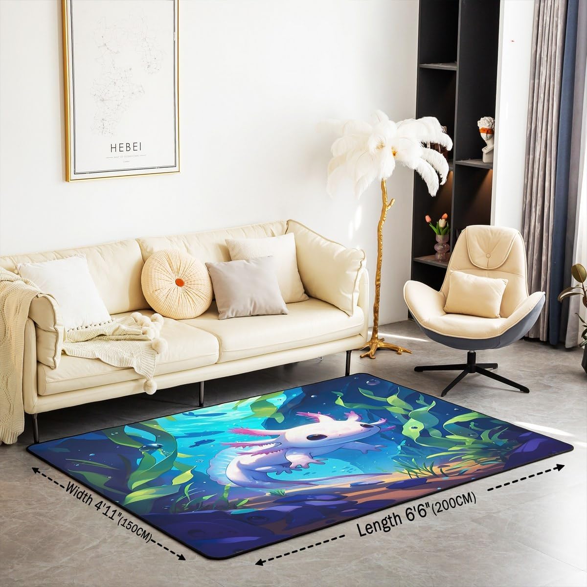 Feelyou Ocean Sealife Indoor Floor Mat Area Rug 5x7 Cute Axolotl Living Room Rugs for Kids Cartoon Salamander Accent Rug Women Men Teens Ultra Soft Decor Reptile Animal Decorative Rug