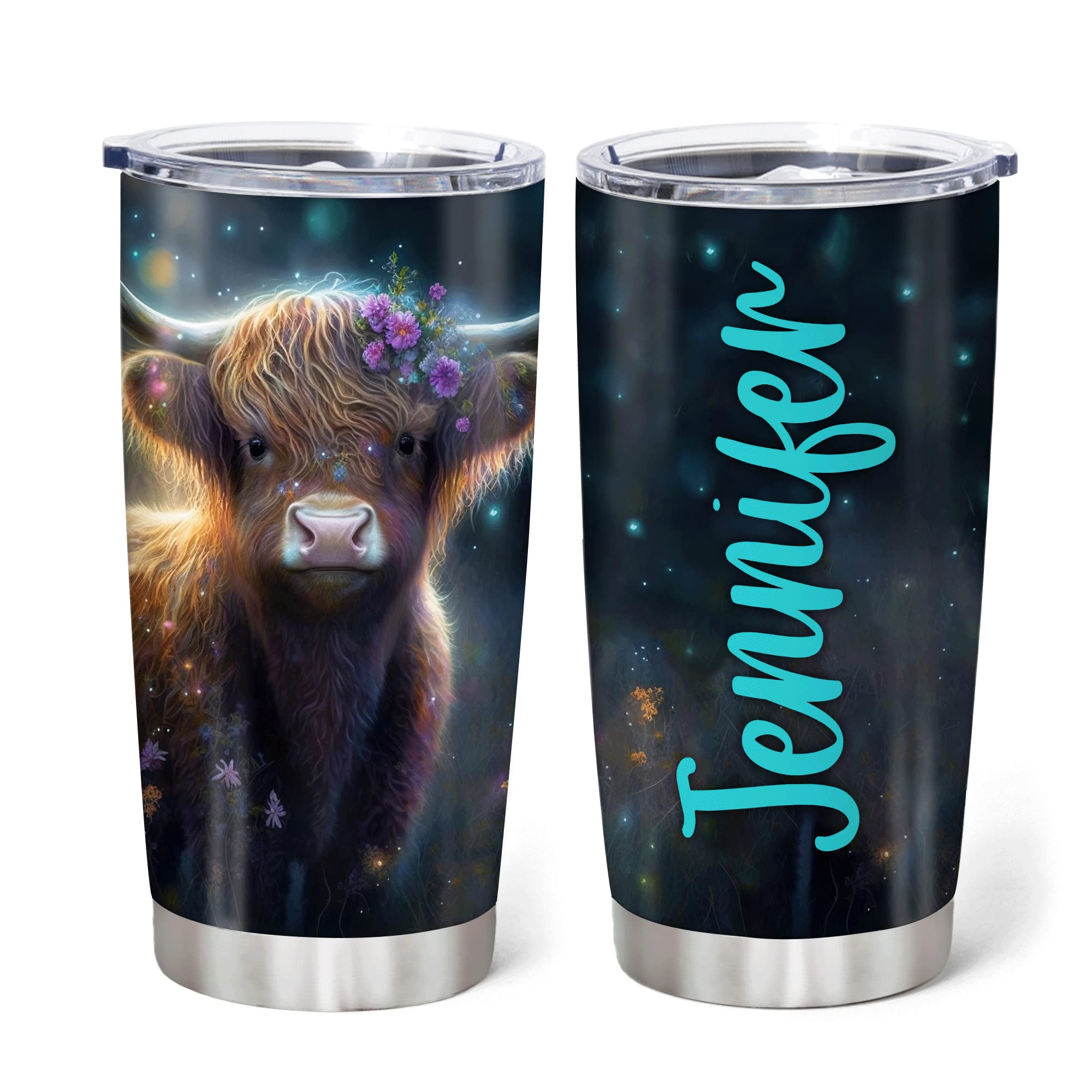 Hyturtle Personalized Gifts For Highland Cow Lover - Highland Cow Customized Name Stainless Steel Tumbler 20oz With Lid - Idea Farm Animals Lover Gifts For Women, Girl, kids On Birthday, Christmas