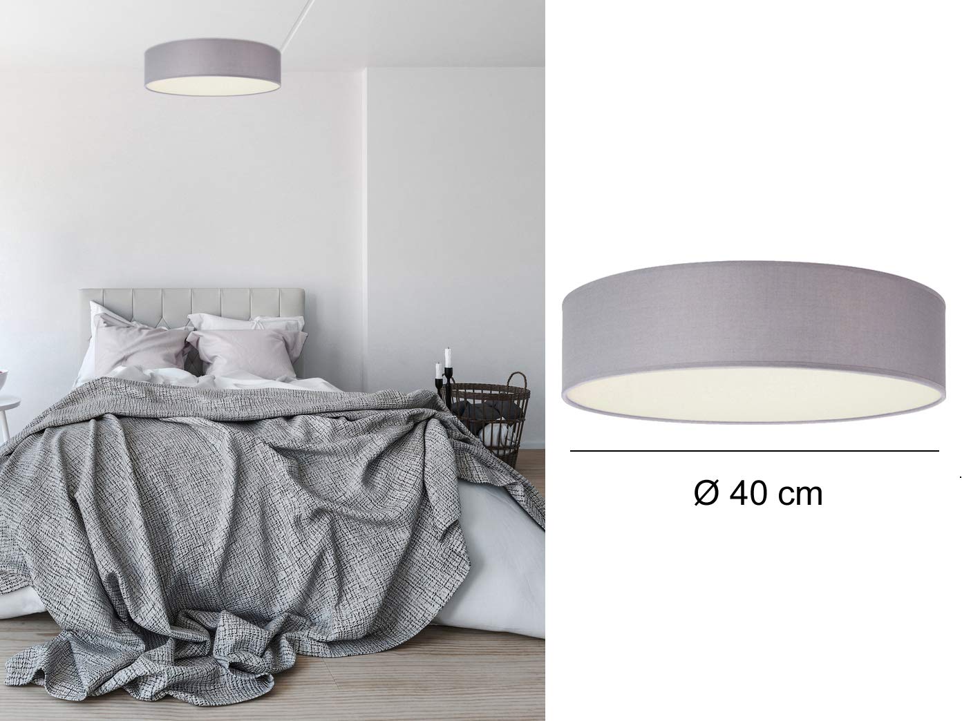 Smartwares Lampada Da Soffitto Rotonda In Tessuto, 30 Cm, LED 5,5W 470 Lumen, Luce Calda, Paralume Grigio, Classe A+ - 3