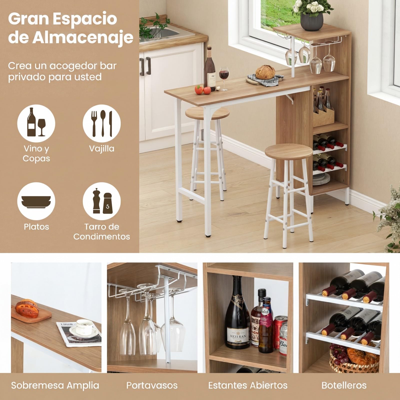 COSTWAY Juego de 3 Piezas Mesa y Sillas de Bar, Mesa y Taburetes Industriales con Soportes para Copas de Vino y Estantes para 6 Botellas de Vino, Juego de Mesa para Comedor Cocina (Natural)