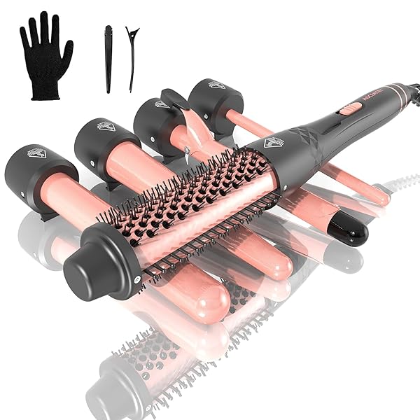 Curling Iron Set, MOCEMTRY 5 in 1 Curling Wand Interchangeable Ceramic Barrels(0.35-1.25) and Thermal Brush Curling Iron, Instant Heat Up Hair Curler, with Protective Gloves & 2 Clips