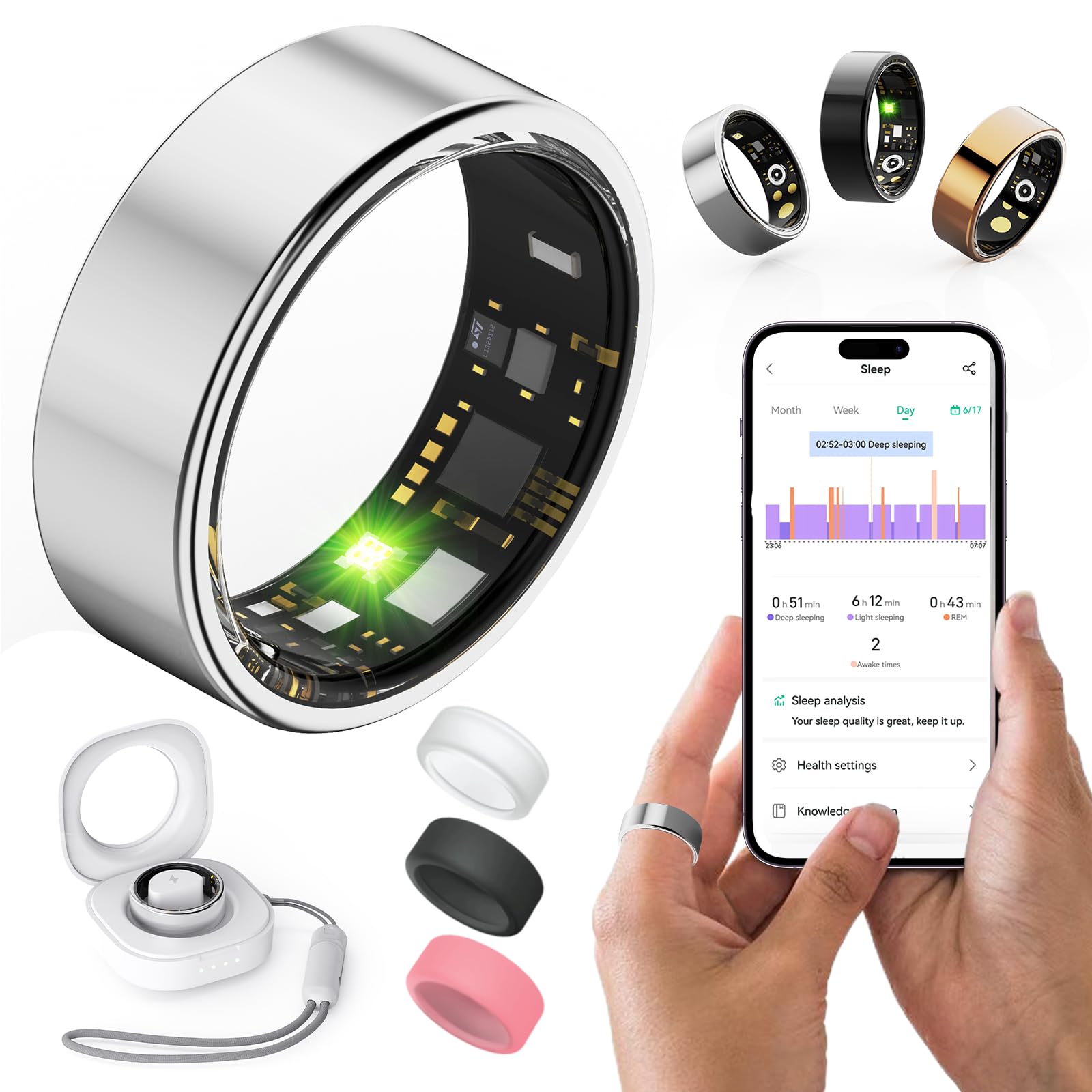 Anelli sanitari per donne e uomini, fitness tracker con frequenza cardiaca, ossigeno nel sangue, pressione sanguigna, monitoraggio sonno/passi, impermeabile IP68, per iPhone e Android