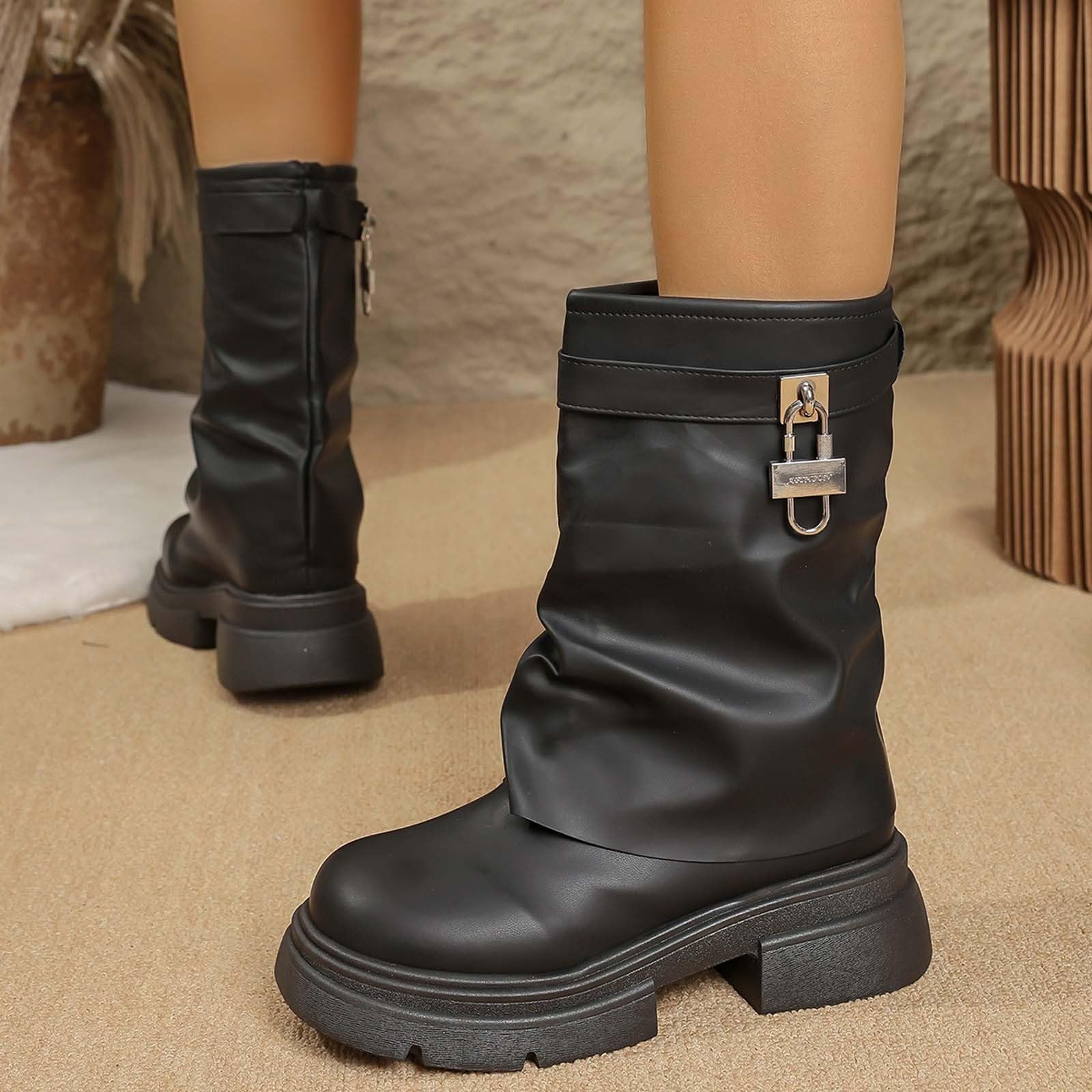 Botines de tacón grueso para mujer, estilo retro, versátiles, hasta la pantorrilla