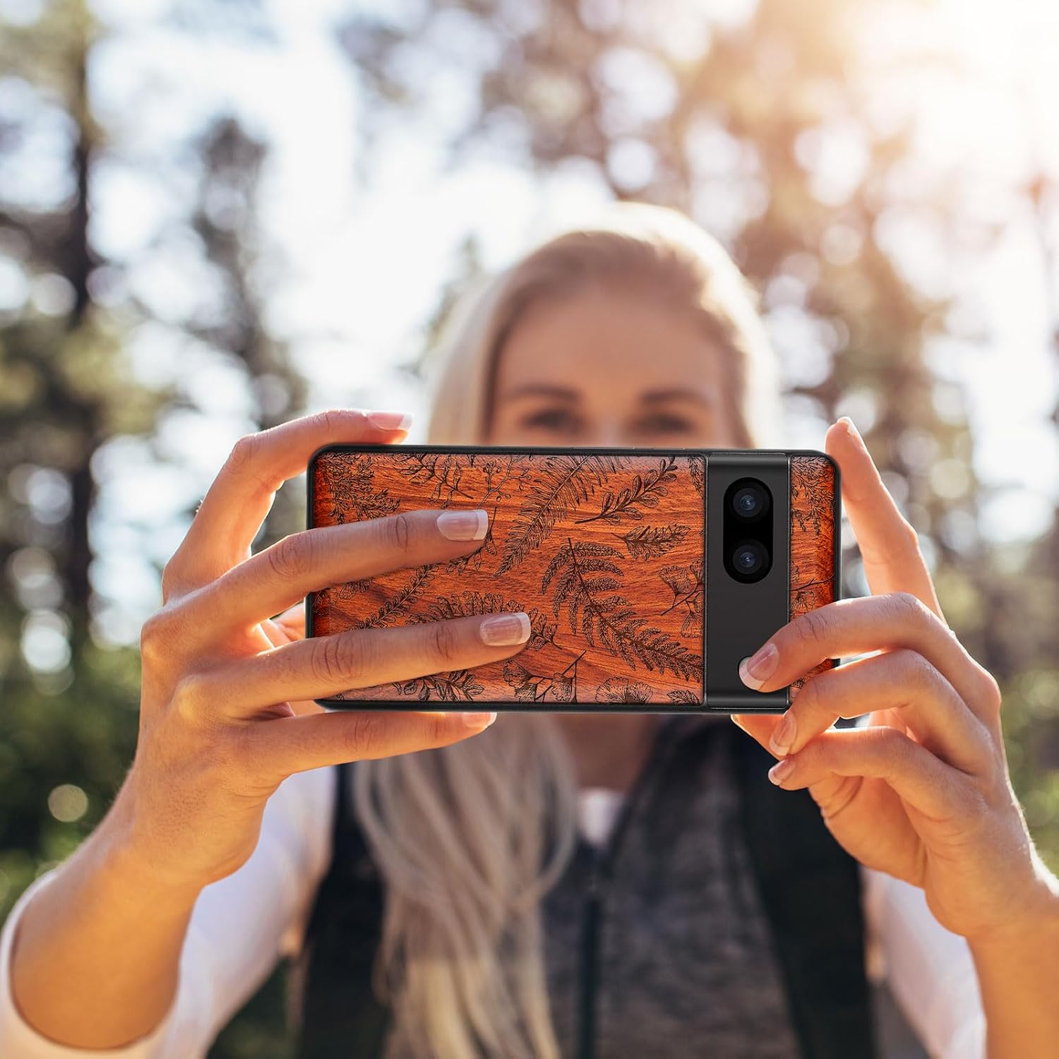 Carveit Wood Case for Pixel 8 Case [Natural Wood & Black Soft TPU] Shockproof Protective Unique Wooden Cover Compatible with Google Pixel 8 (Fern Leaves & Herbs-Rosy)