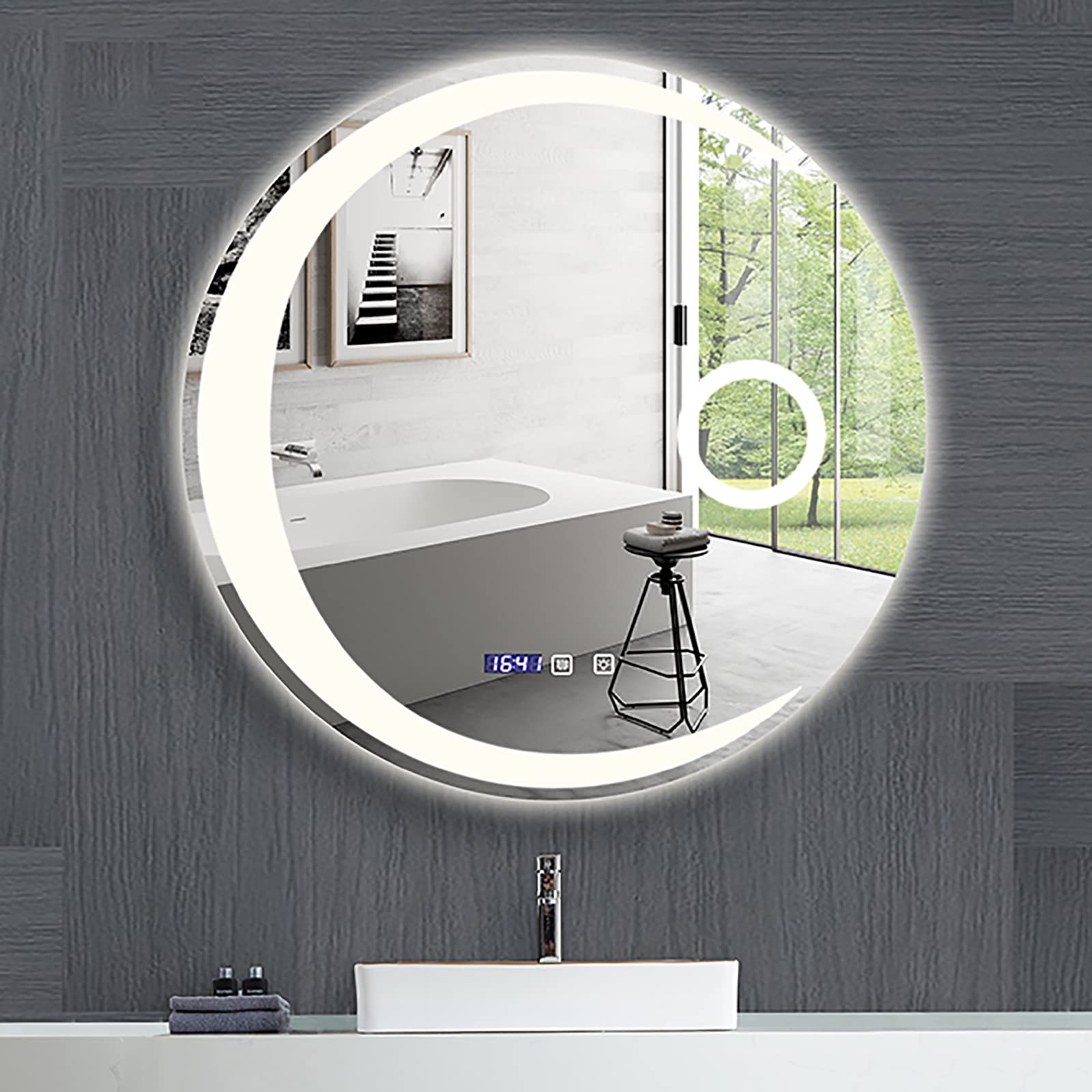 Okrągłe lustro LED, 70X70CM, lustro łazienkowe ze światłami, przełącznik dotykowy, 3 kolory ściemniania jasności, z przeciwmgielnym, wodoodpornym, zmieniającym kolor, podświetlanym lustrem Łazienka, l