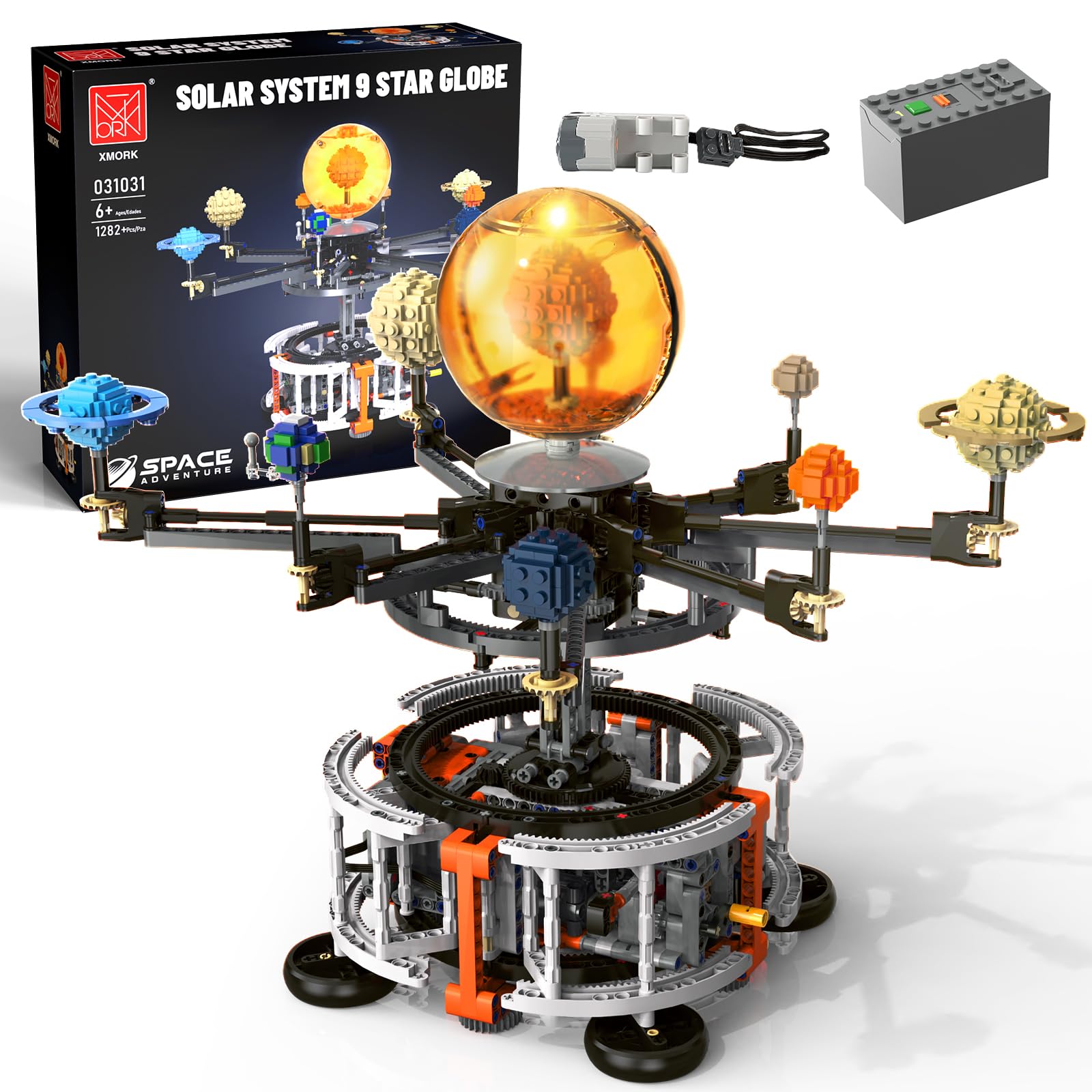 MOCBURIKU Solar System Building Set with Light, Rotatable STEM Educational Toys with 8 Planets, Electric Manual Mode Spinning Space Toys for Astronomy