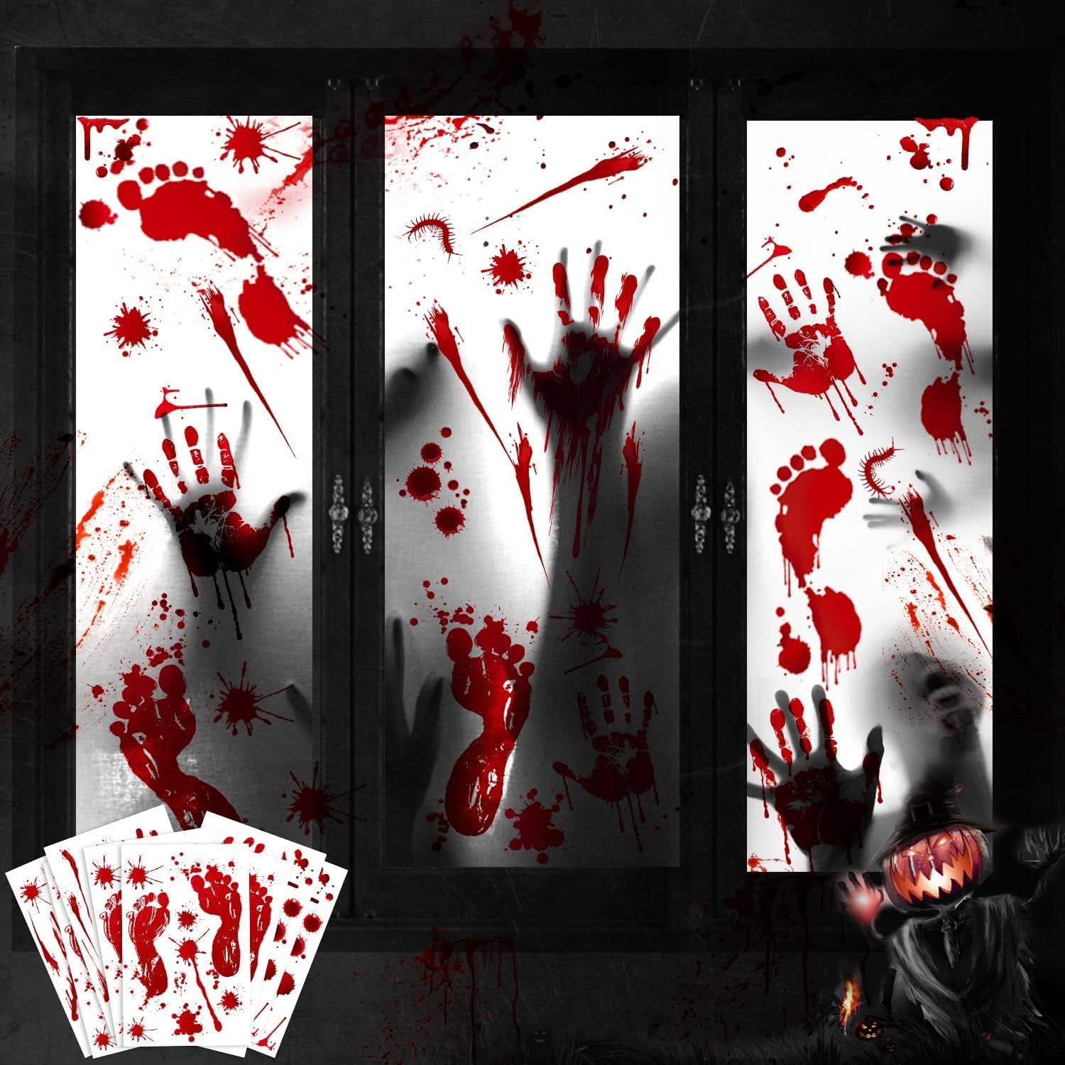 T Tersely Halloween Decorations, 8 Sheet 78 PCS Halloween Window Clings, Scary Bloody Handprint Footprint Window Stickers Decals for Window Floor Bathroom Indoor Outdoor Halloween Party Decorations