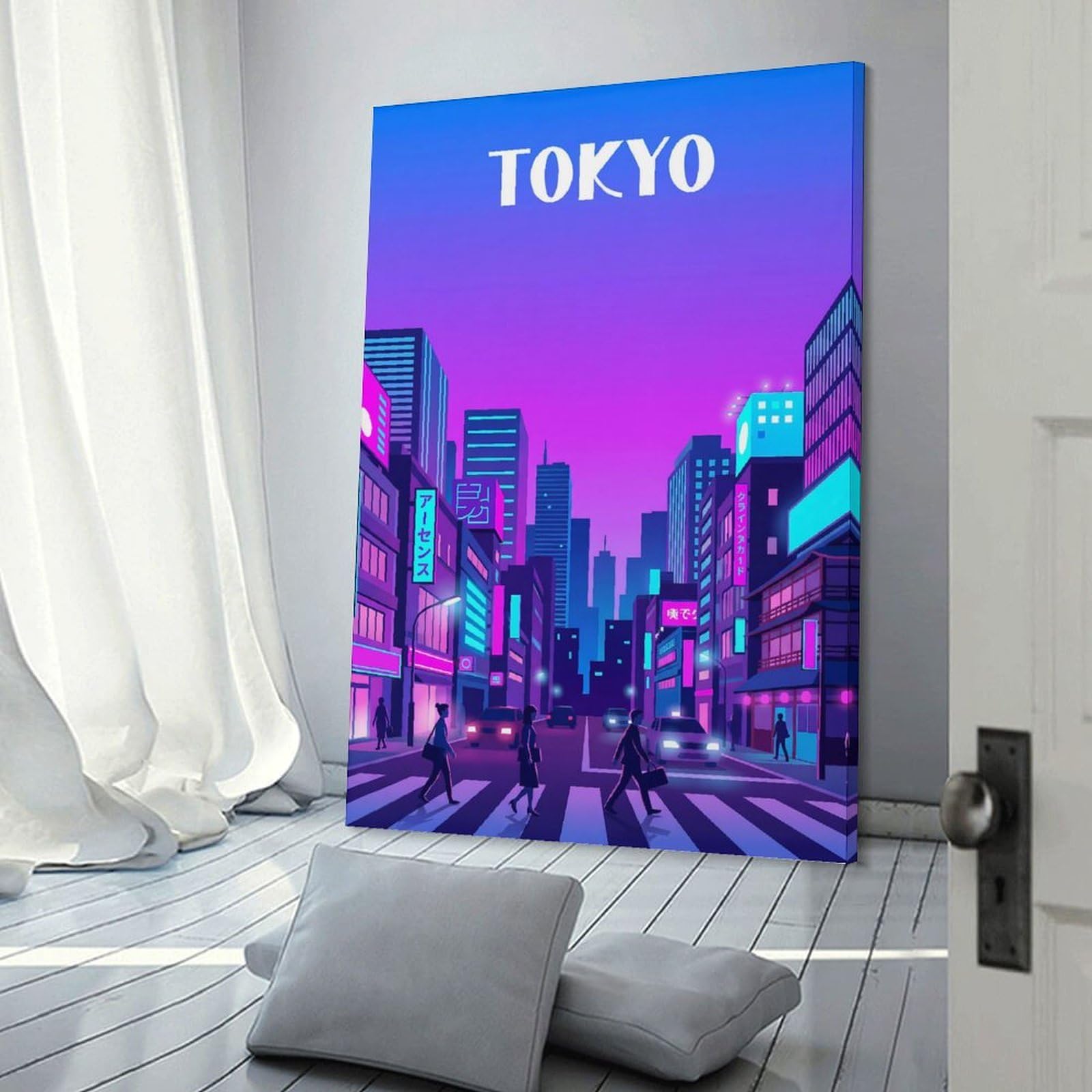 Junmoney Canvas Art Print Tokyo Neon Cityscape, 24x36inch(60x90cm), for New Homes, Bedrooms Or Workspaces, Thoughtful Wall Decor for Art Lovers