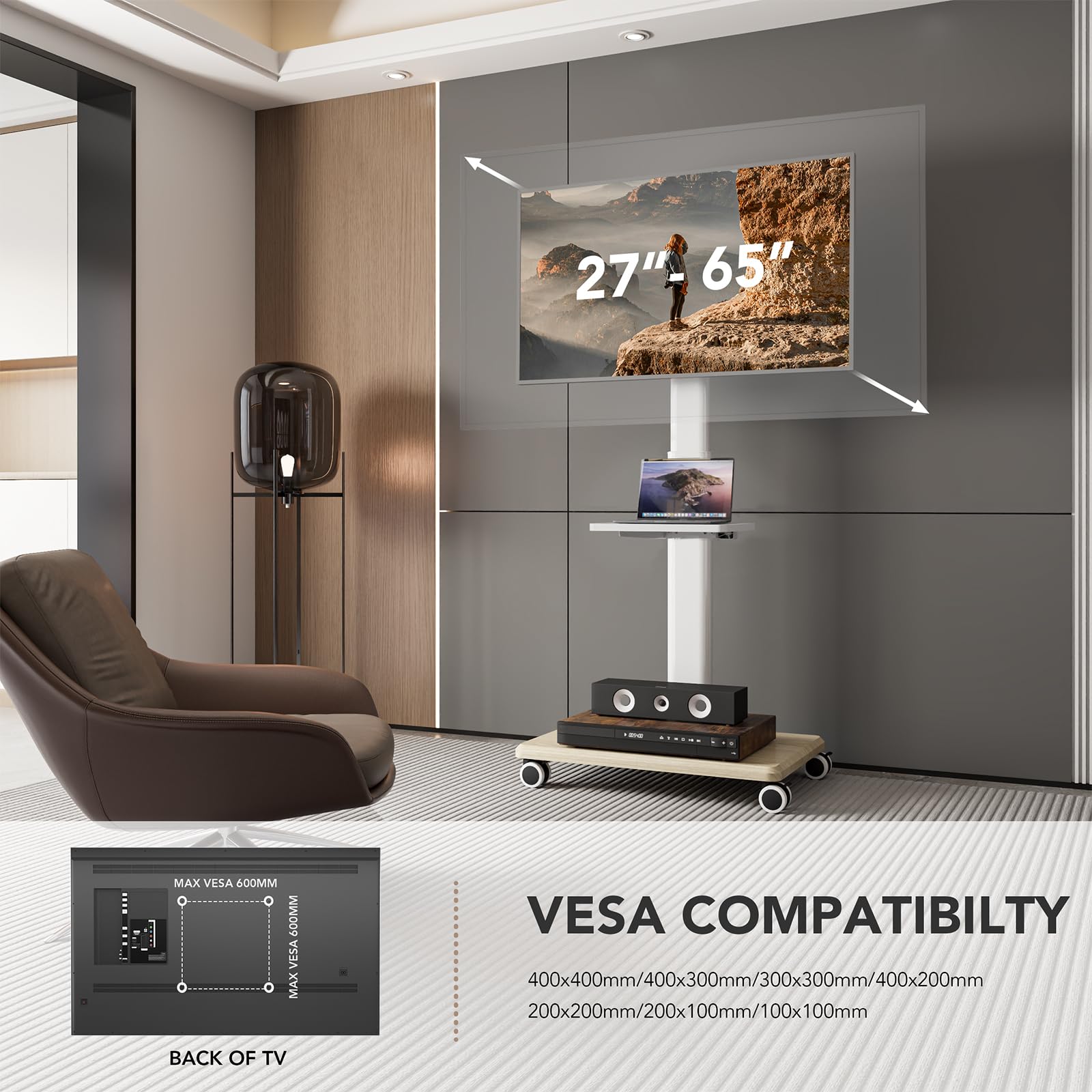 AX WABER Supporto TV da Pavimento Mobile con Ruote, per TV 27-65 Pollici, VESA 400x400, Carico 40kg, Design Bianco e Legno Chiaro