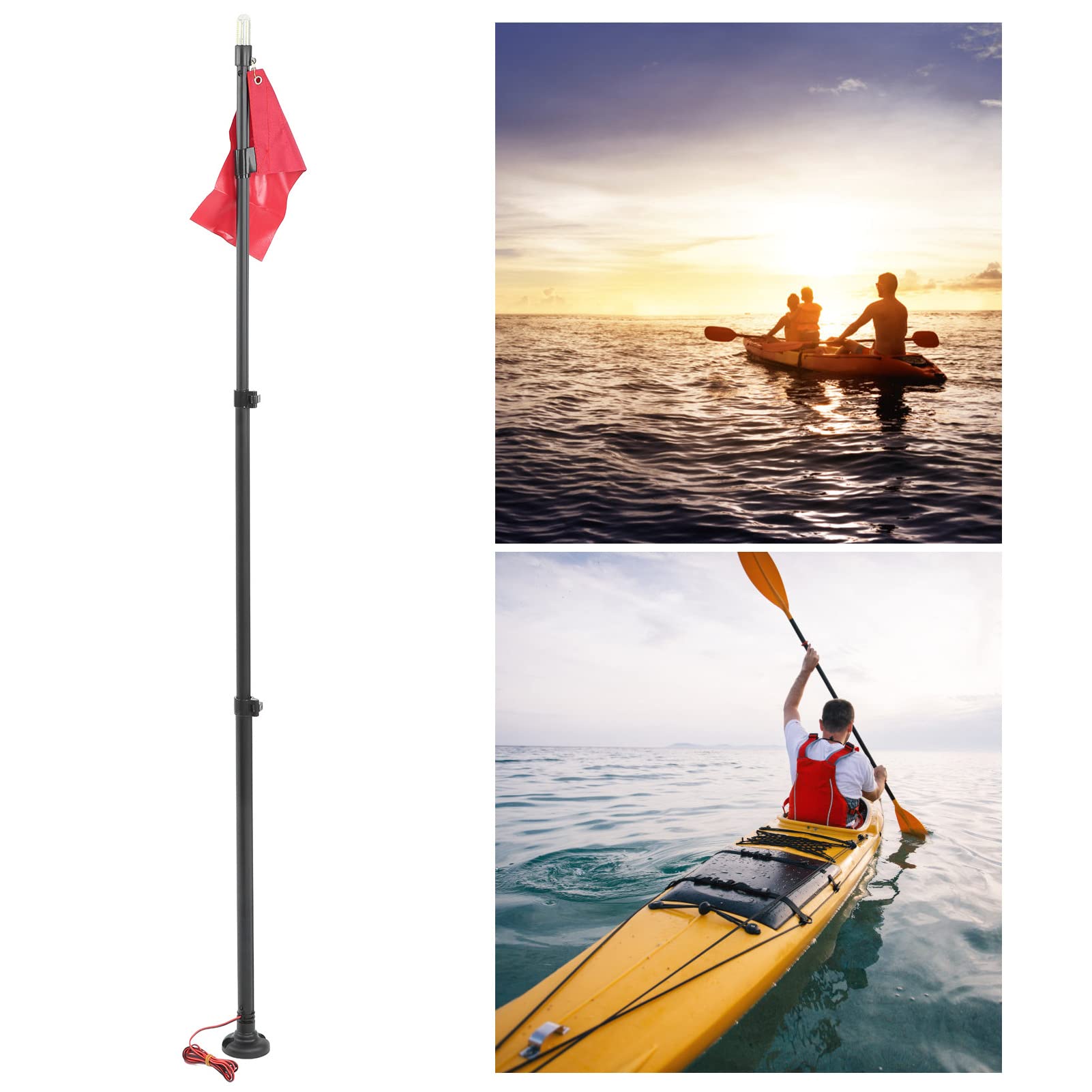 Pilipane Bandera De Seguridad De 19 W para Piragüismo,Bandera De Seguridad para Kayak con Luz, Lámpara Impermeable Superbrillante para Accesorios De Canoa De Barco Marino