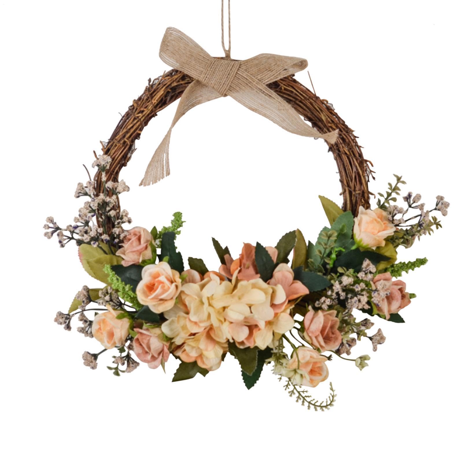 Corona di primavera di fiori artificiali – Decorazione per porta | d'ingresso estivo, anello floreale appeso alla parete della fattoria in rattan | accento decorativo per la casa, per finestra