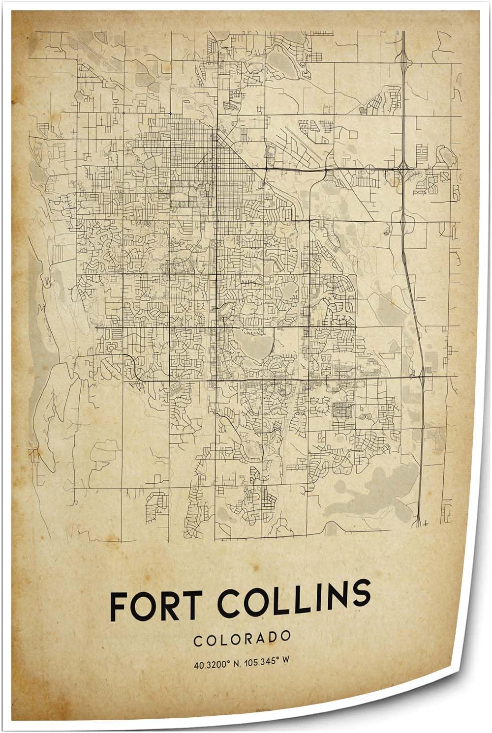 Zhumendi Fort Collins Vintage Street Map Poster, Full Color, 12.00" x 18.00", Unframed
