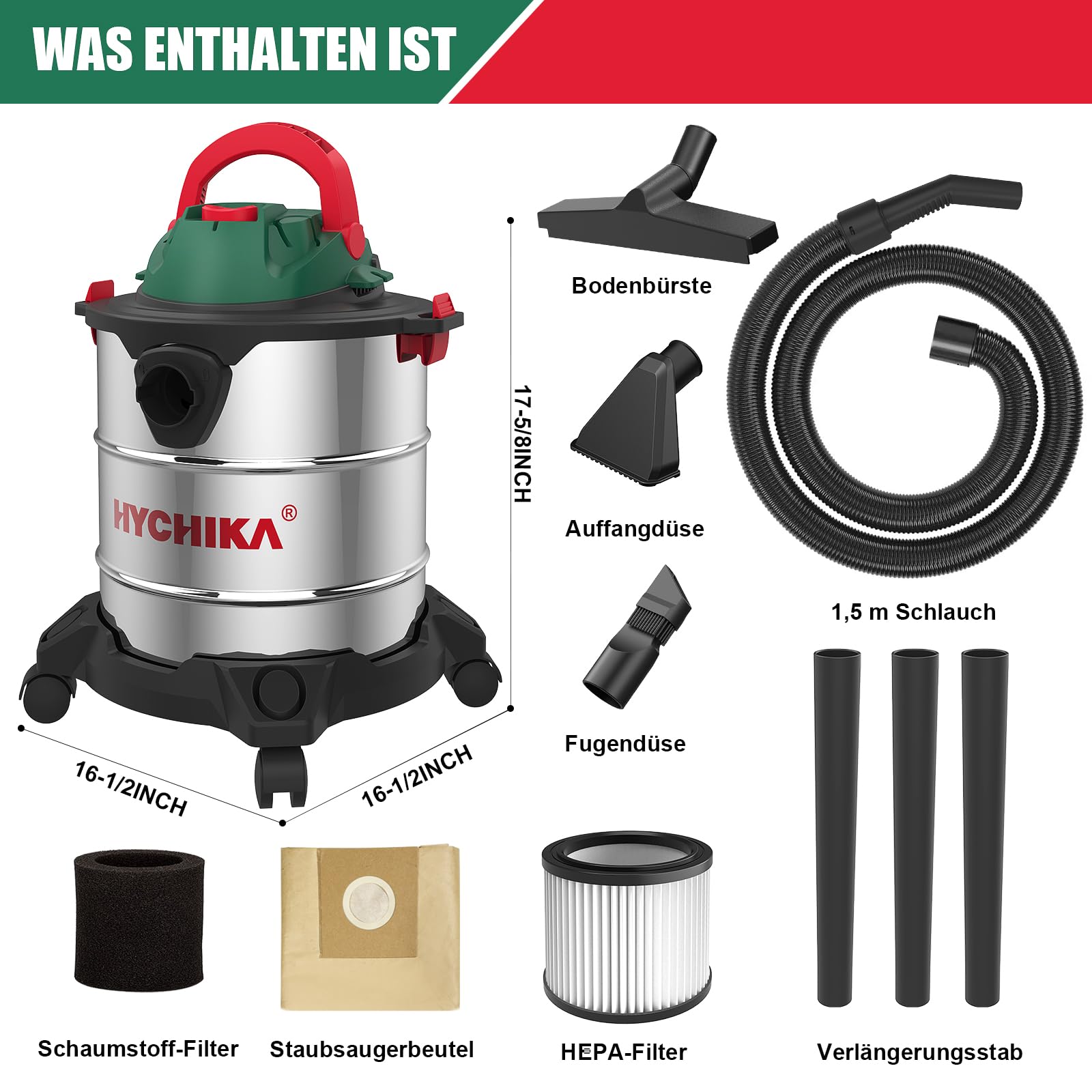 HYCHIKA Nass Trockensauger, 1200W Industriestaubsauger 20L Edelstahlbehälter, Nass- & Trockensauger Blasen, mit HEPA-Filter und Zubehör ideal für Industrie und Haushalt