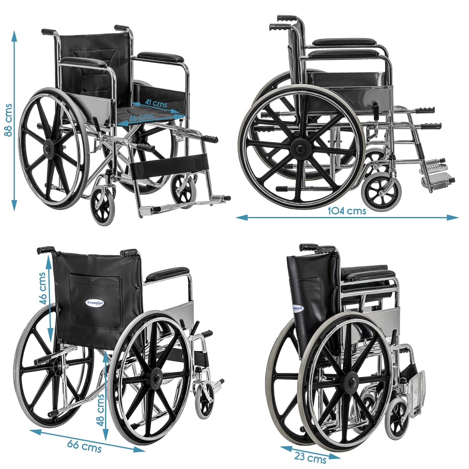 KosmoCare Dura Rexine Doli Wheelchair | Heavy-Duty Steel Frame | Chrome Plated Coating | Rexine Upholstery Seat | Extendible Rods | 24” Rear Wheels | PVC Front Casters | Foldable Design - Image 6 thumbnail