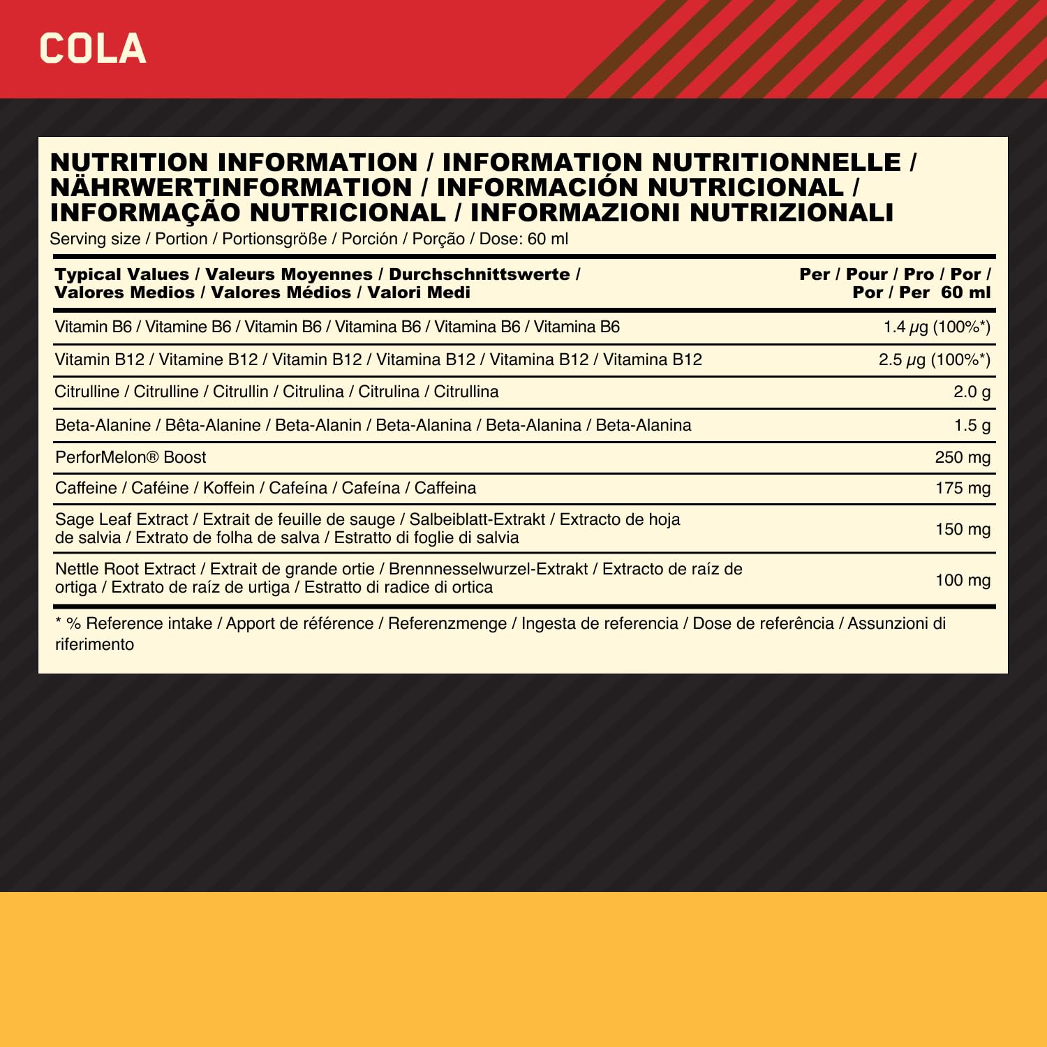 Optimum Nutrition Gold Standard Pre-Workout Shot, Suplement Diety z Beta-Alaniną, Kofeiną i Witaminą B6 i B12, Cola, 12 Shotów, 12 x 60 ml