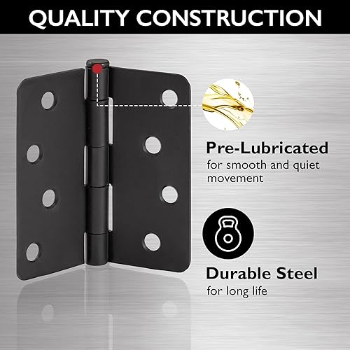 Miniatura 7 de Design House Bisagras para puerta interior, 4.0 in. x 4.0 in., Redondeado, 14-pulg Radio, Acero, Pre-Lubricado, Herrajes para Puerta, Negro Mate,