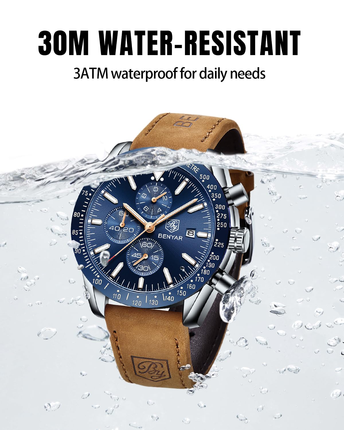 BY BENYAR Orologio Uomo Cronografo Analogico al Quarzo Impermeabile Orologi Sportivo Moda Classico Elegante Orologio da Polso Uomo Cinturino Pelle/Acciaio