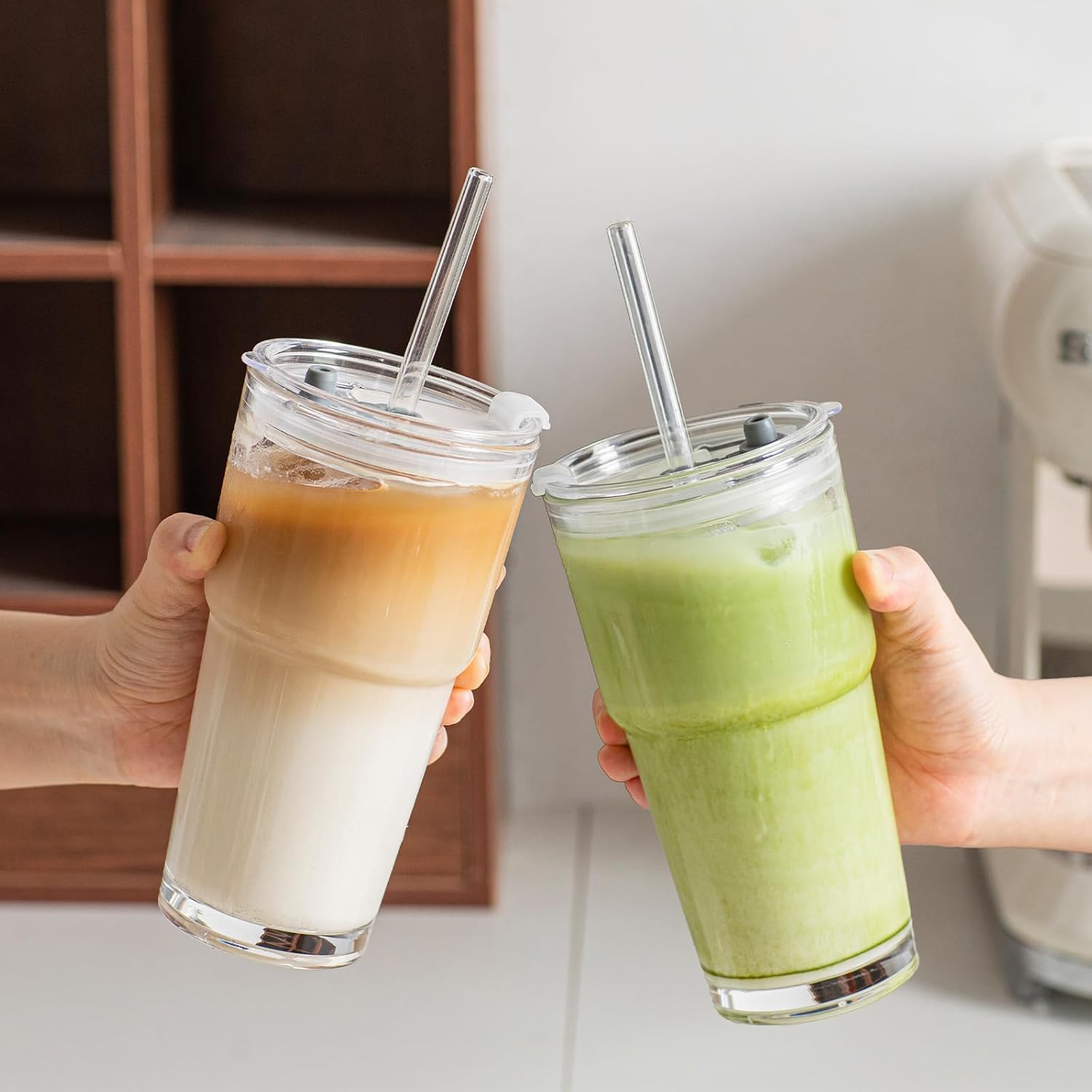 INSETLAN 20oz Glass Tumbler with Glass Straw and Lid, Set of 4 - Thickened Ice Coffee Cup, Glass Cup with Lid and Straw for Smoothie, Tea, Milk, Whiskey, Water and More – Elegant & Durable - Image 5