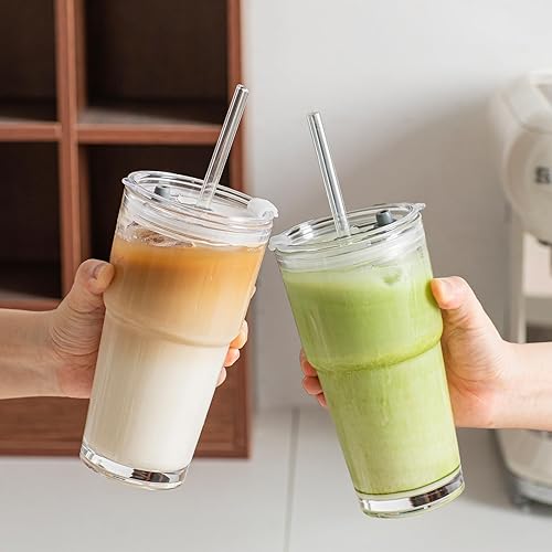 Miniatura 5 de INSETLAN Vaso de vidrio de 20 onzas con popote de vidrio y tapa, juego de 4  Taza de café helado engrosada, taza de vidrio con tapa y popote para