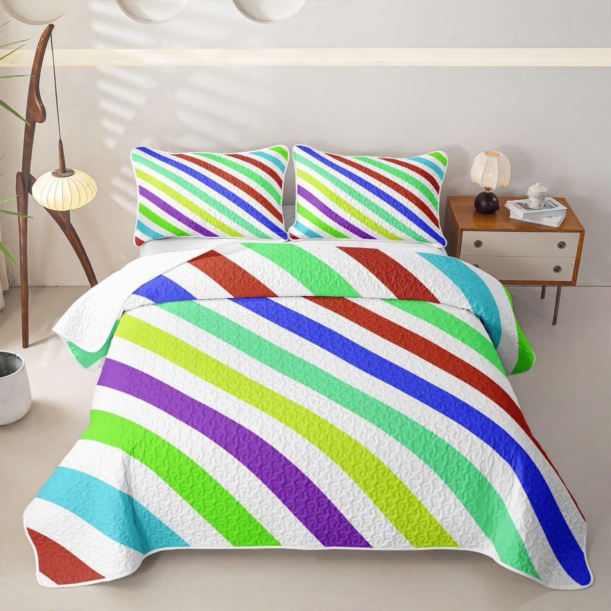 Erosebridal Neon Abstract Stripes Quilt Colorful Striped Quilt Set Queen Size for Kids Boys Girls | Rainbow Modern Striped Coverlet Simple Tilted Lines Quilted Bedspread Bedroom Decor