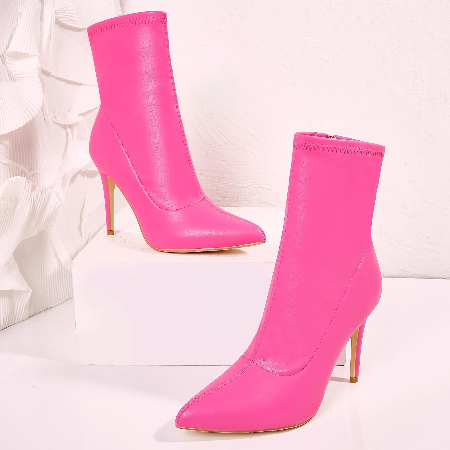 CAMSSOO Women's Ankle Boots Stiletto High Heels Boots Sexy Pointed Toe Side Zipper Sock Boots Comfy Mid Calf Booties