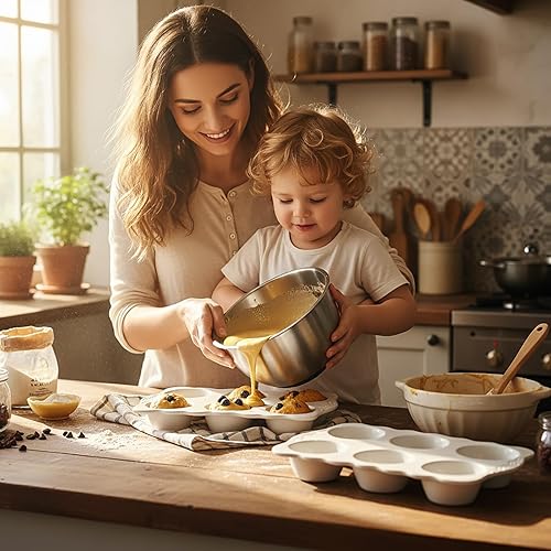 Miniatura 6 de Paquete de 2 moldes de cerámica para muffins, 6 tazas antiadherentes para magdalenas con asas para pasteles de muffins, tartas de huevo, mousse,