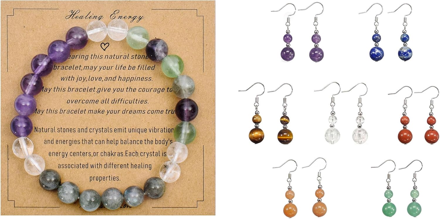 Healing Prayer Energy Bracelet 7 Pairs Natural Stone Beaded Earrings
