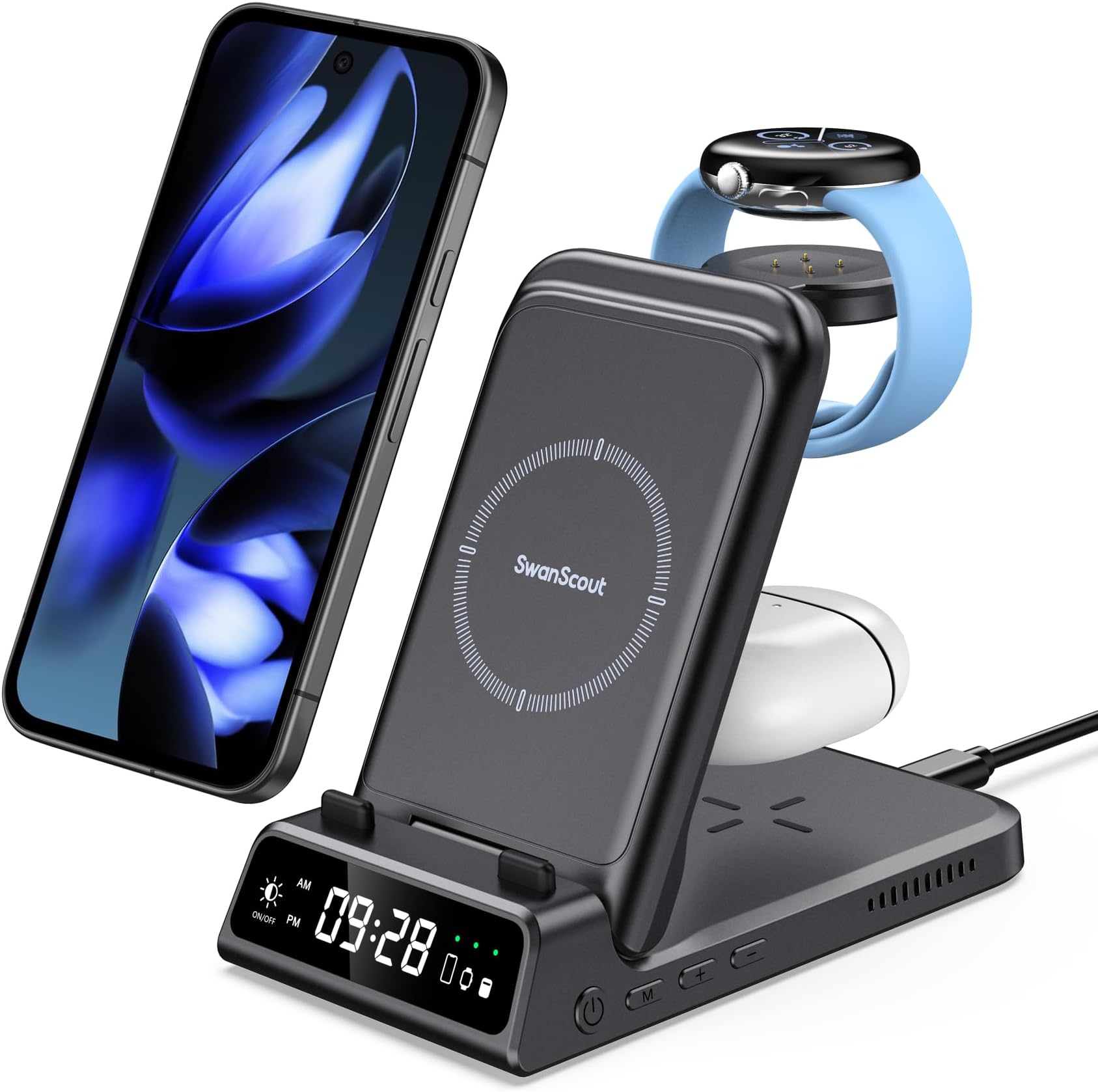 Wireless Charger for Google Pixel Watch 3/2/Fitbit Versa 4/3/Sense 2/1, 3 in 1 Charging Station for Google10/10a/9a/9/9 Pro/9 Pro XL/8/7/Samsung S26 Ultra/iPhone 17, Pixel Buds Pro 2, SwanScout 703G2