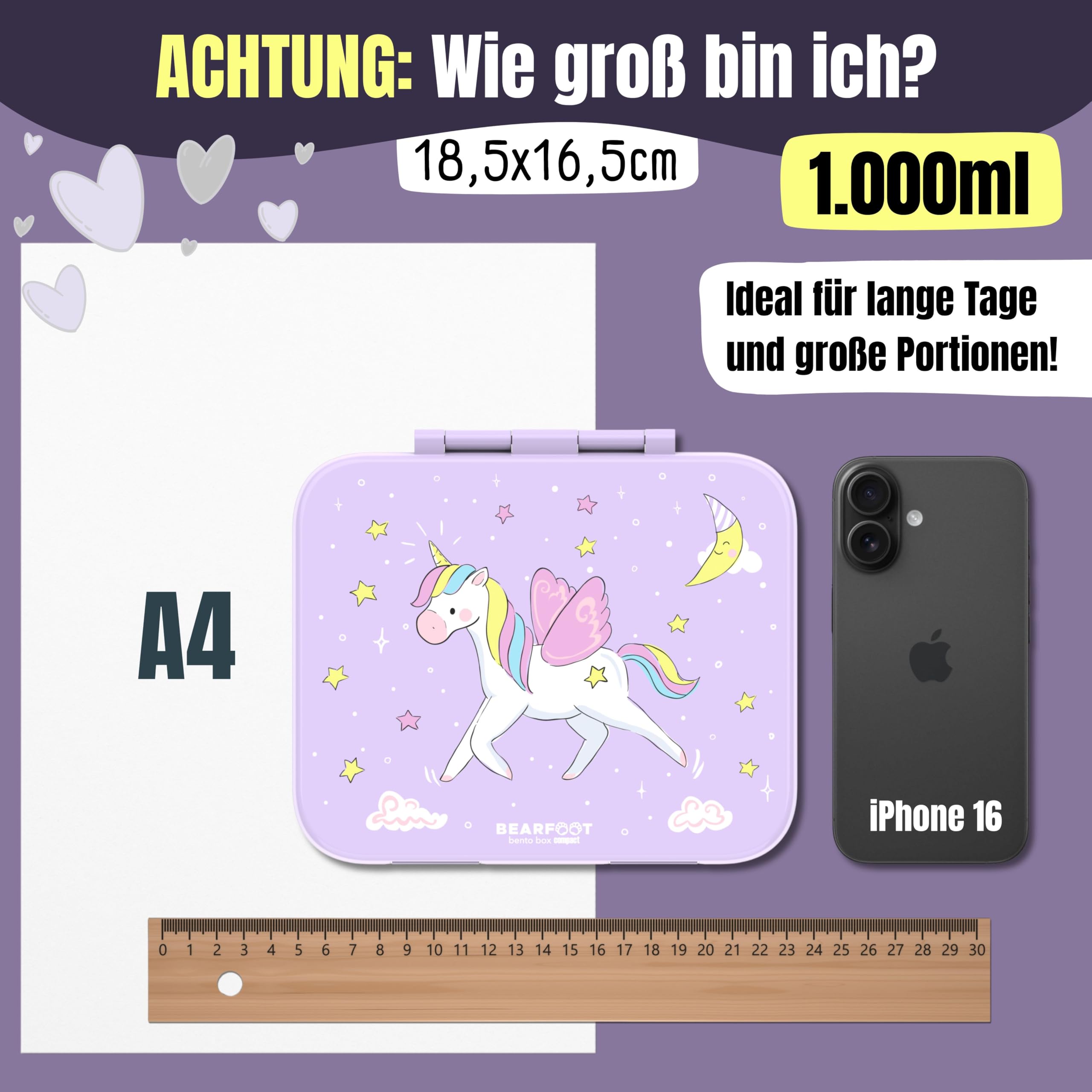 BEARFOOT Bento Box Compact | nowy model – wzmocnione zamknięcia, pudełko śniadaniowe dla dzieci, bez BPA, szczelne pudełko na lunch do szkoły i przedszkola (jednorożec, fioletowy, 1000 ml)
