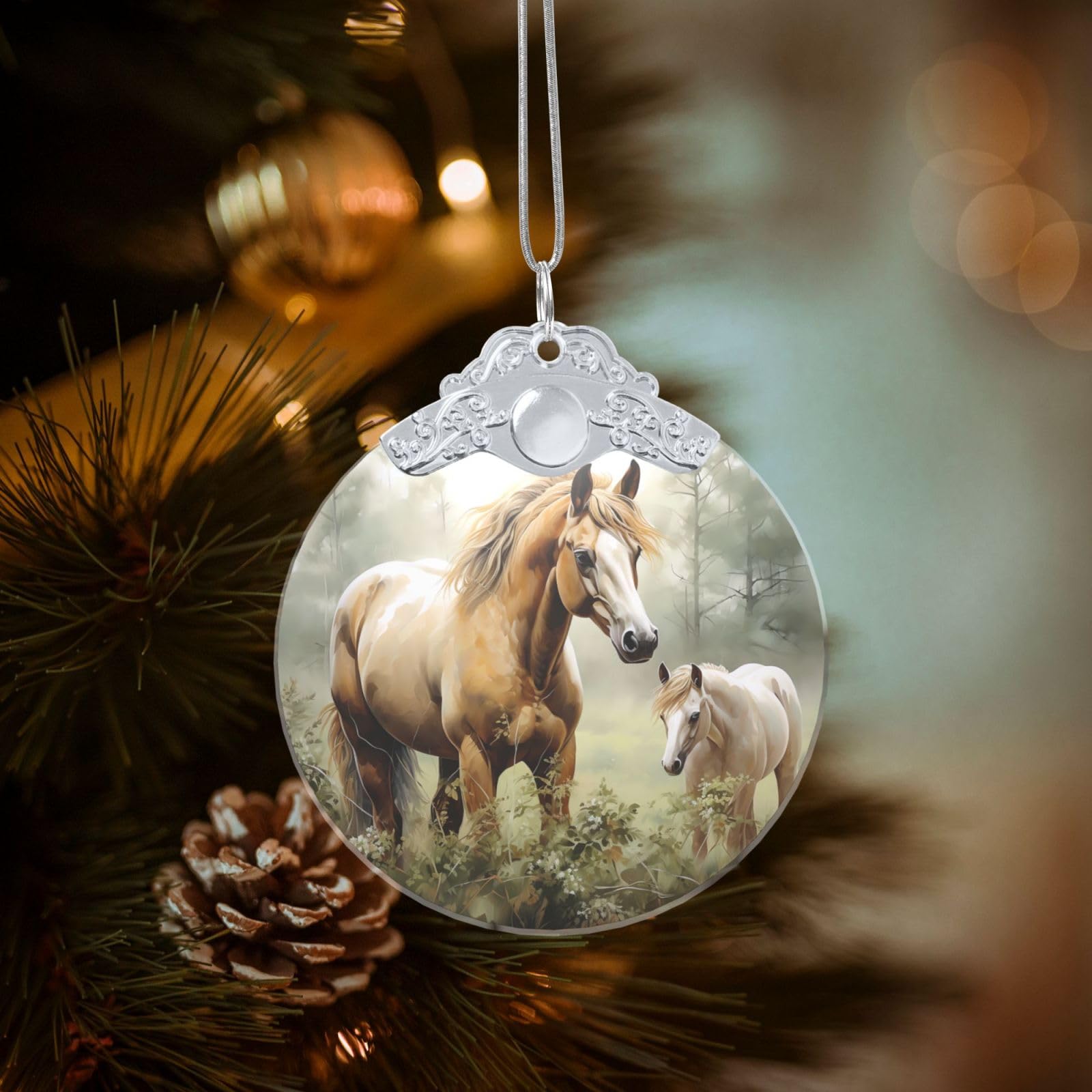Crystal Christmas Ornaments for Christmas Tree Decoration Hanging Animals Embroidery Paintings Horses Ornament with Gold Ribbon Crafts Round Pendant for Keepsake Gifts Glass Xmas Decor Party Supplies