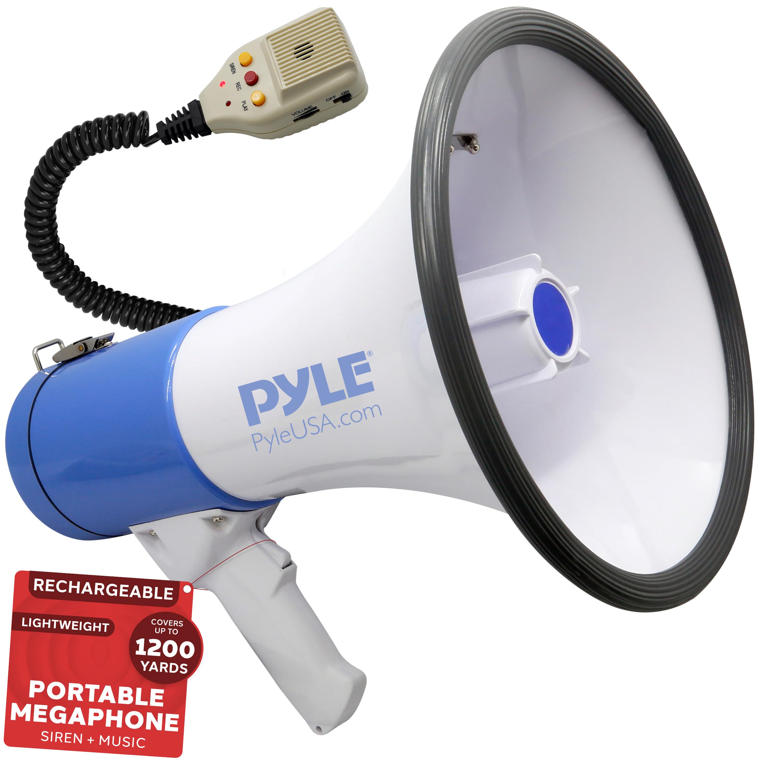 Pyle Megaphone PA Bullhorn Speaker - Built-in Siren 50 Watts Rechargeable Battery- 10 Sec Record Function for Football Baseball Basketball Cheerleading Fans Coaches or for Safety Drills - (PMP59IR)