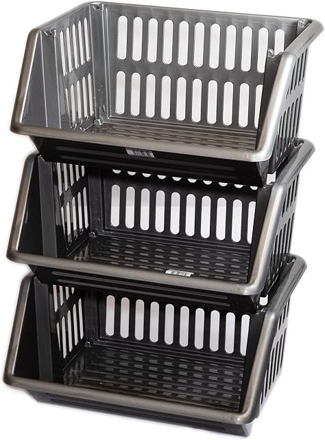 New Stacking Baskets Storage Veg Rack Plastic Stackers, Creme, Grey, Length 36 cm x Depth 30 cm x Height 17.5 cm (Grey, 3 racks)