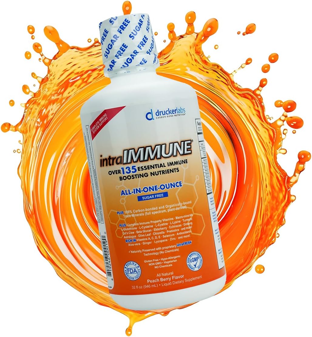 Drucker Labs -intraIMMUNE Organic Liquid Daily Immune & Defense Support, Multivitamin, Elderberry, Echinacea, Zinc, Vitamin D, C E, Vegan, Non GMO, Gluten Free (32 oz., Sugar Free Peach Berry) - Image 6