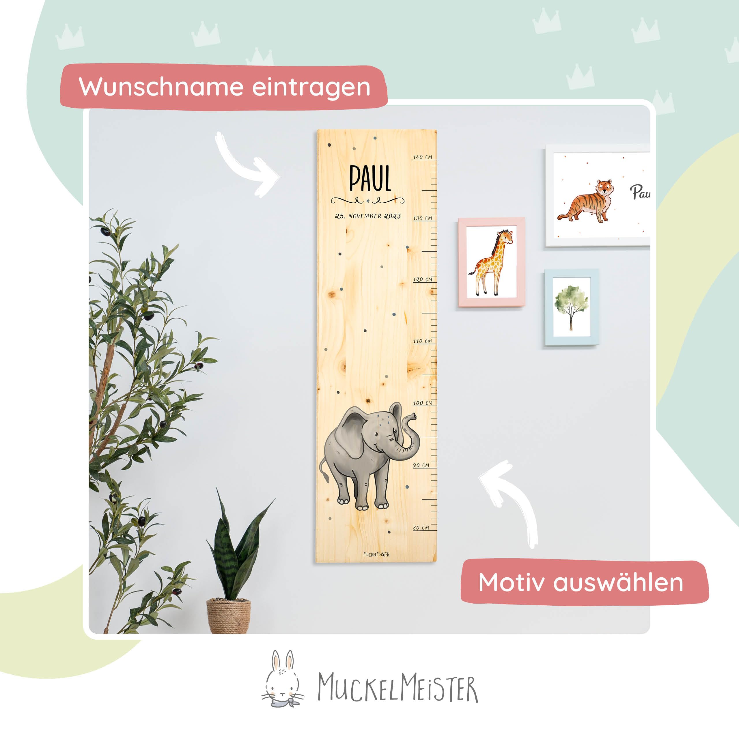 Muckelmeister Messlatte Kinder aus Holz personalisert 80-140cm - Muckelfreunde - 70x20x2cm Kinderzimmer Deko - Geschenke zur Geburt - Maßband Kinder Wand - Geschenkidee Kleinkind - Kuh