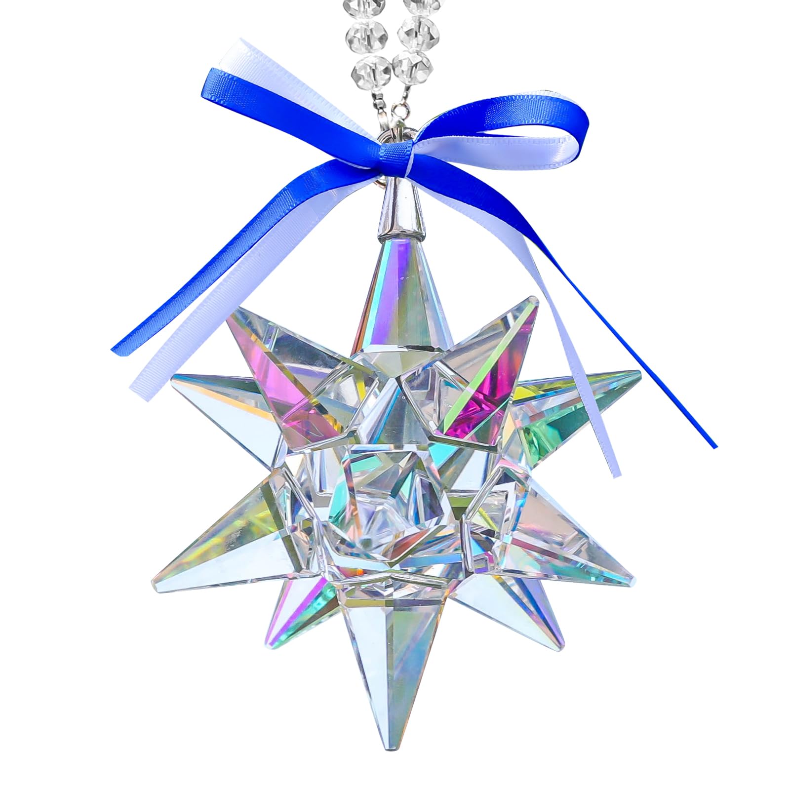Christmas Crystal Shimmer Star Ornaments Snowflake Crystal Ornaments Christmas Tree Hanging Pendant with Beads Chain Ribbon and Gift Box for Xmas Party (AB Rainbow Luster)